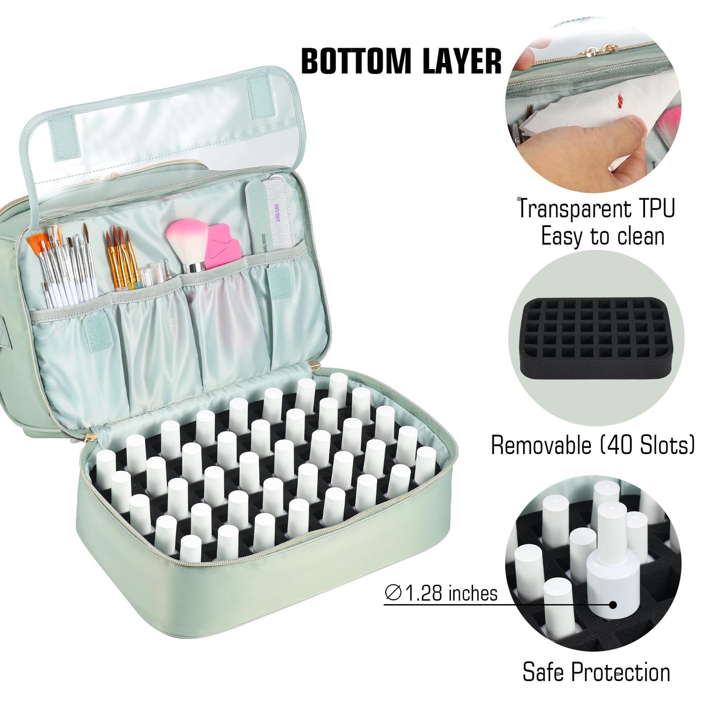 GR69N Nail Polish Organizer Case Holds 50 Bottles and Nail Lamp,Double Layer Nail Organizers and Storage for Nail Tech Travel,Quilted Nail Supplies Organizer Fits Nail Kit & Manicure Tools (Green)