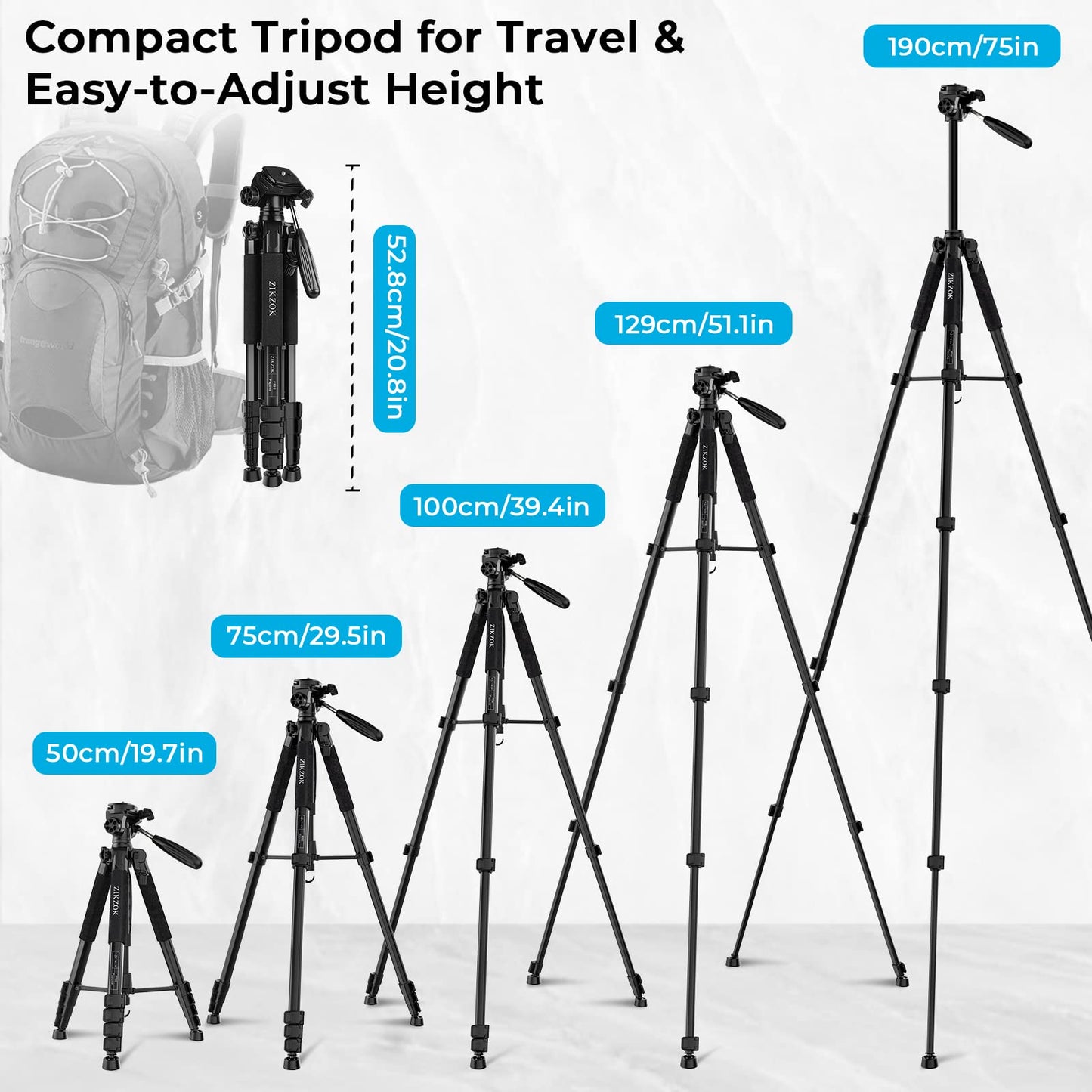 75" Camera Tripod for Cell Phone, Travel Tripod for Camera with Wireless Remote, Heavy Duty Camera Stand Tripod for DSLR/SLR/DV/GoPro (Black)