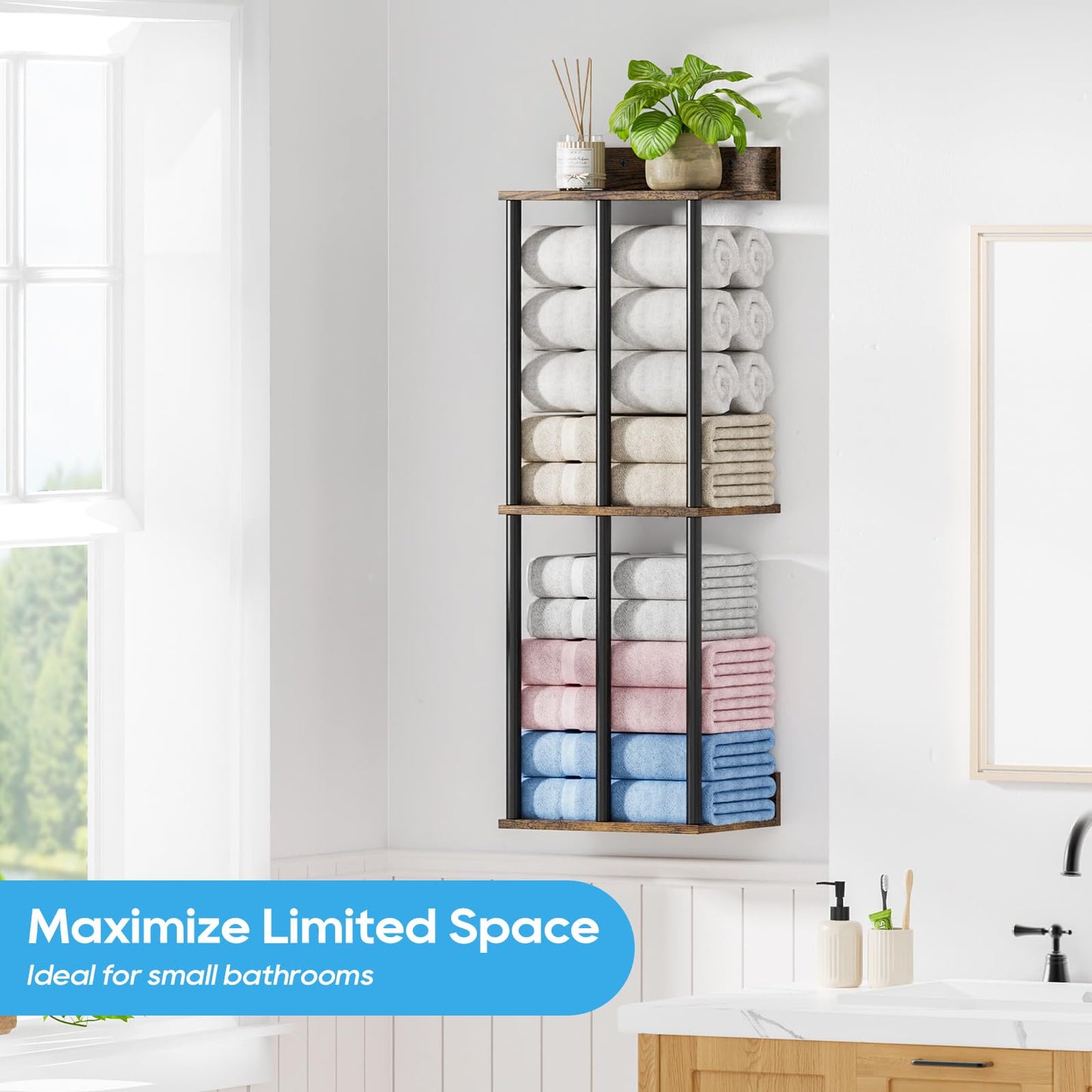 WeGXY Towel Racks for Bathroom Wall Mounted with Wooden Storage Shelf, Updated 3 Bar Metal Towel Holder for Rolled Towels, Sturdy and Large Capacity, Towel Storage Organizer