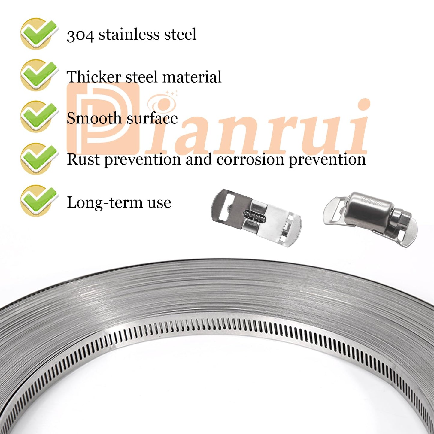Dianrui DIY Hose Clamps 50FT 304 Stainless Steel Metal Strap + 24PCS Stronger Fasteners Assortment Kit Softsteel Large Adjustable Pipe Clamps Band Clamp for Pipe Automotive Mechanical