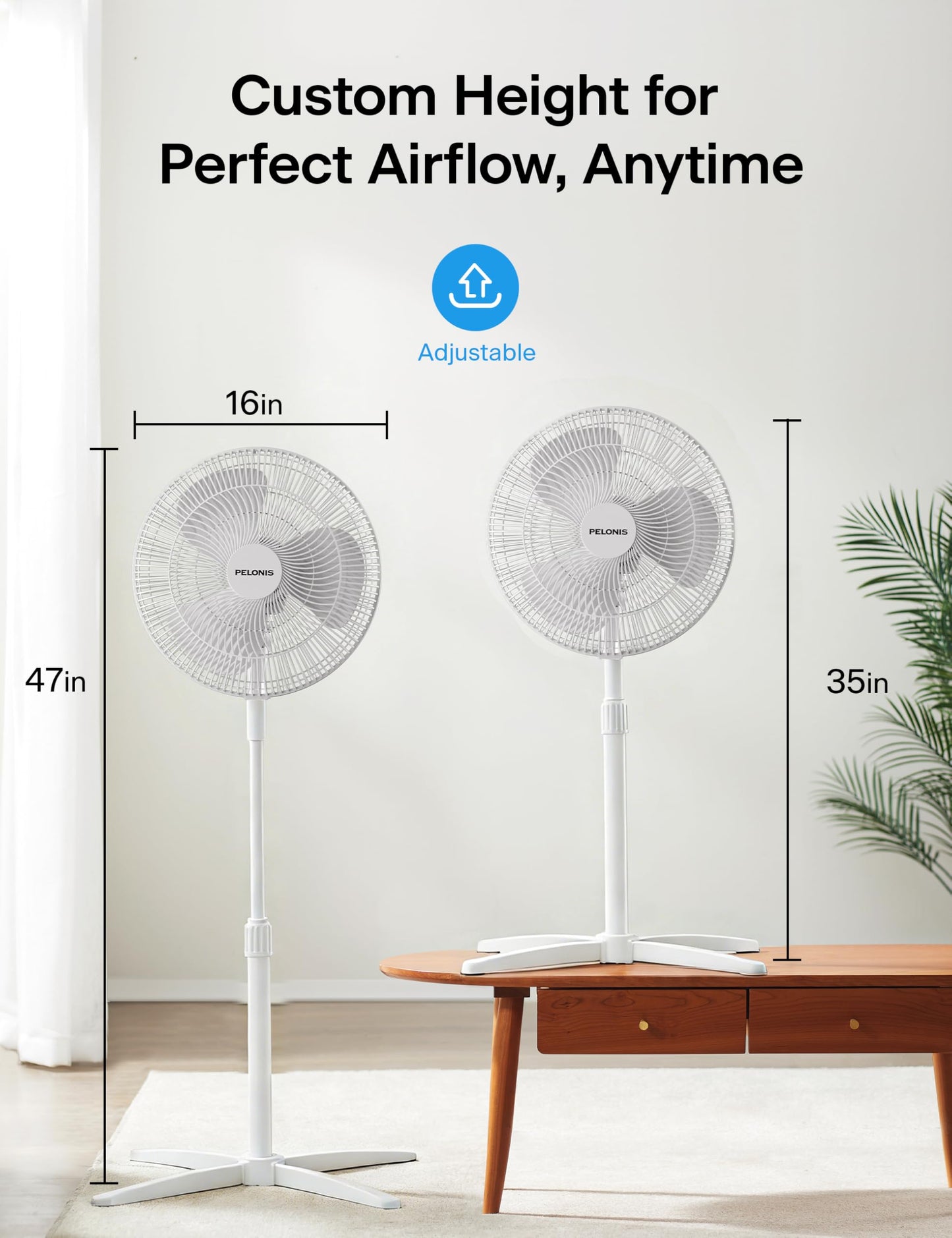 PELONIS 16 inch Pedestal Fan for Bedroom, Oscillating Fan, 3-Speeds, 90° Oscillation, Adjustable Height, Floor Fan, Standing Fan for Living Room, Kitchen, and Home office, White