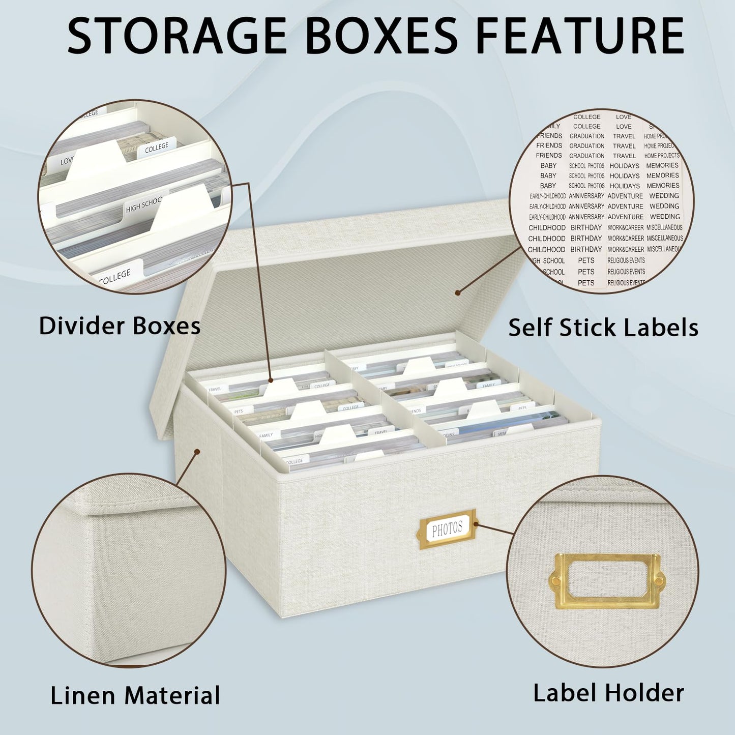 Decorative Photo Storage Box - 2 Pack Linen Photo Box Organizer with Dividers, Fits Holds Up to 1700 Pictures and 4x6 Photos, Memory Keepsake Organizer for Scrapbook Supplies, Cards, Stamps (Beige)