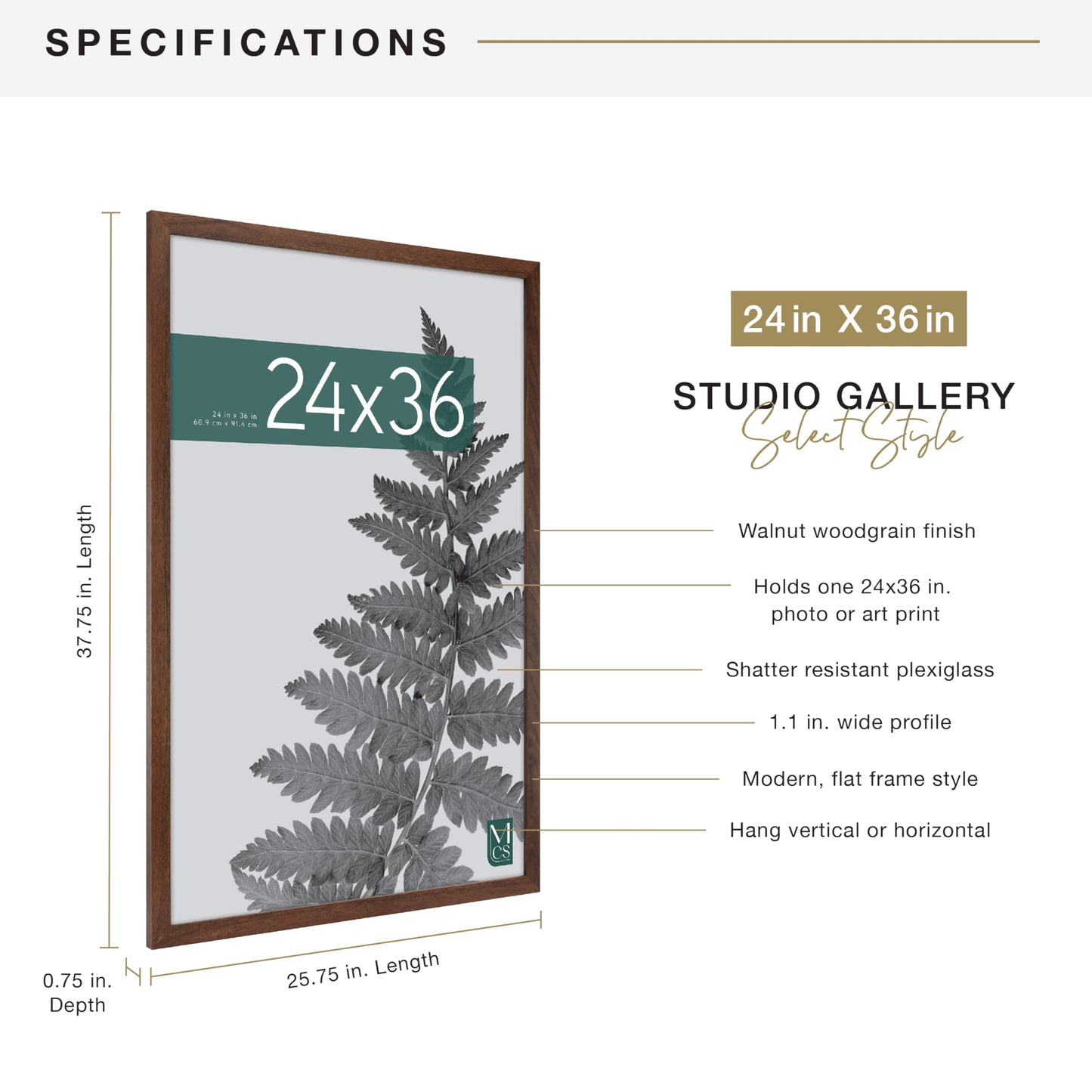 MCS Studio Gallery 24x36 Poster Frame Walnut Woodgrain Engineered Wood, Vertical & Horizontal Wall Hanging Large Picture Frame for Photos, Posters & Art Prints (1-Pack)