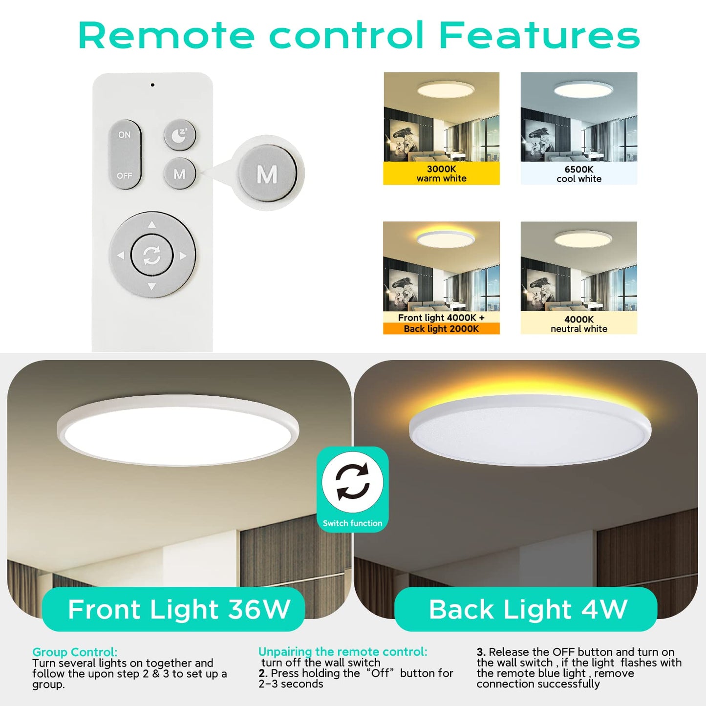 Roomratv Ceiling Light Flush Mount with Night Light, 36W Light Fixture with Remote Control, Full CCT and Brightness Adjustable, 18Inch Led Ceiling Light for Kitchen, Office, Kids Room