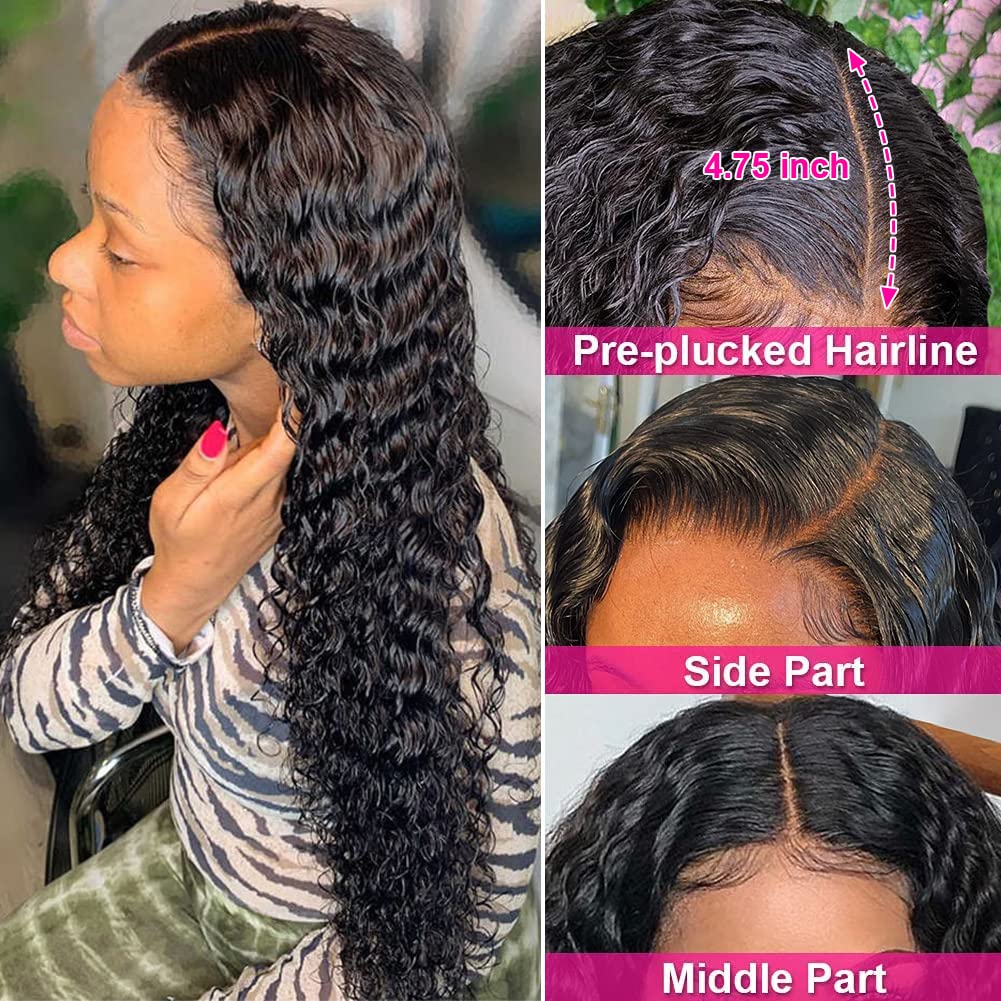 180 Density 13x4 HD Lace Front Wigs Human Hair Pre Plucked with Baby Hair Transparent Glueless Brazilian Deep Wave Frontal Wigs for Women Natural Black Color