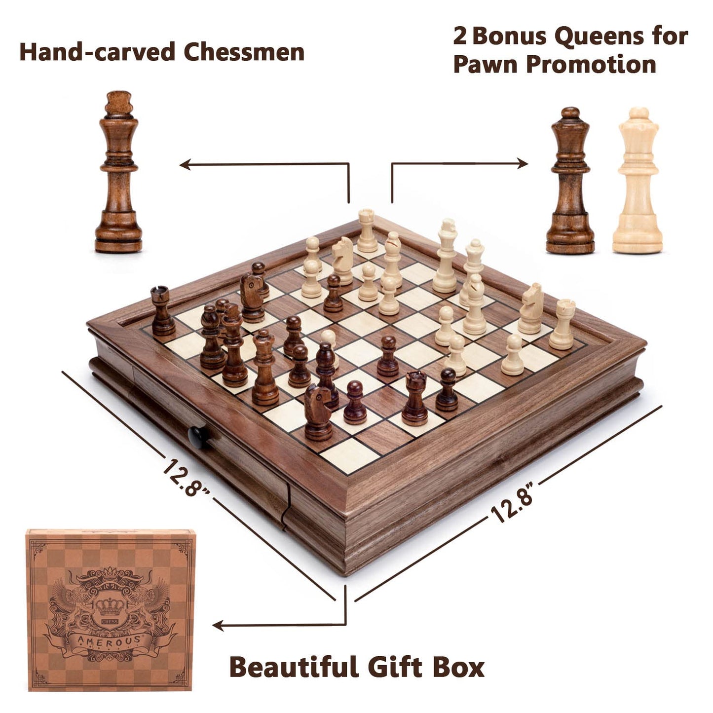 AMEROUS Magnetic Wooden Chess Set, 12.8" x 12.8" Walnut Chess Board Game with 2 Built-in Storage Drawers - 2 Bonus Extra Queens - Chess for Beginner, Kids and Adults, Gift Packaging