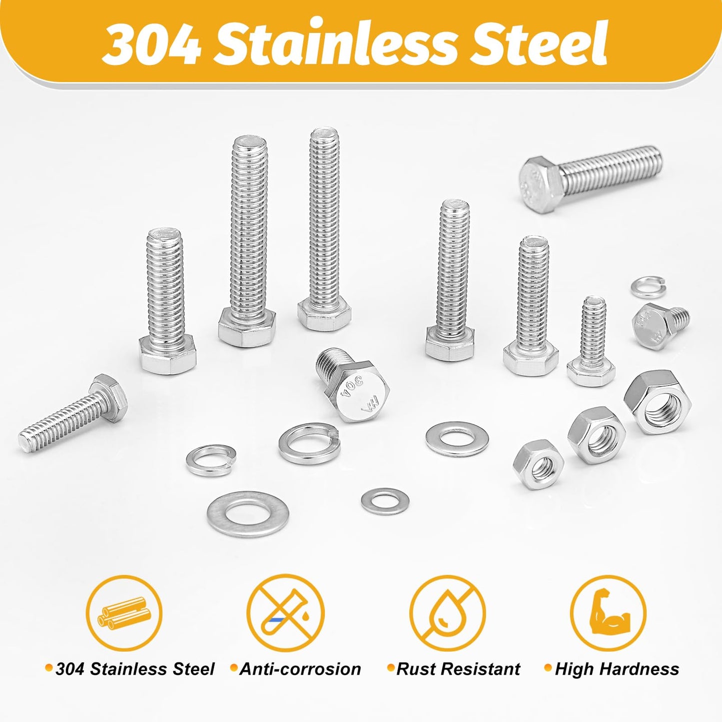 Kadrick 744Pcs 18-8(304) Stainless Steel Hex Bolts Assortment,1/4-20 5/16-18 3/8-16 Heavy Duty Bolts and Nuts Kit, Assorted SAE Bolts Nuts Flat&Lock Washers,Lenth Form 1/2''-2''