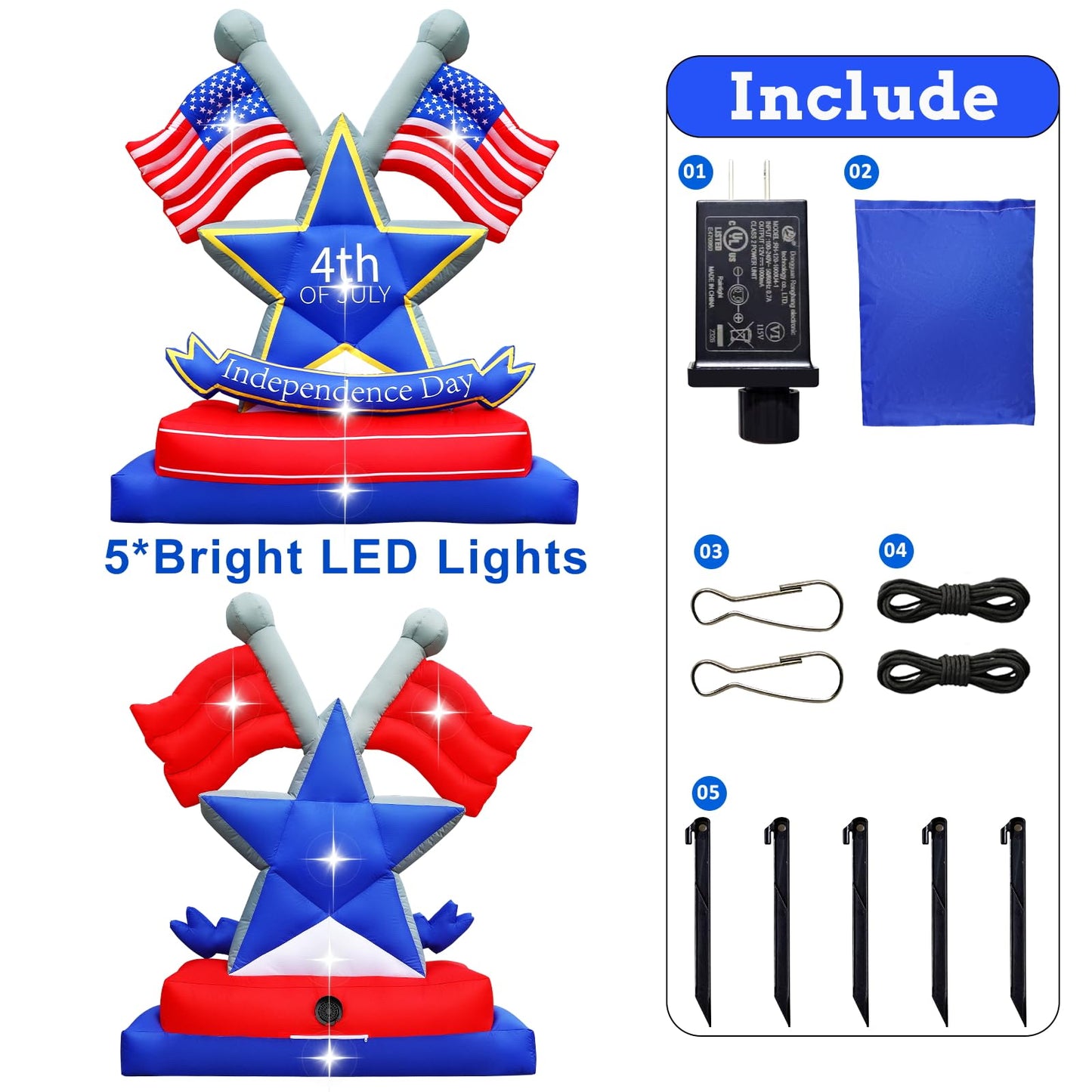 4th of July Inflatables Outdoor Decorations 6FT USA Flag Patriotic Star Blow Up Yard Decorations with LED Lights for Memorial Independence Day Fourth of July Party Lawn Garden Outside Decor
