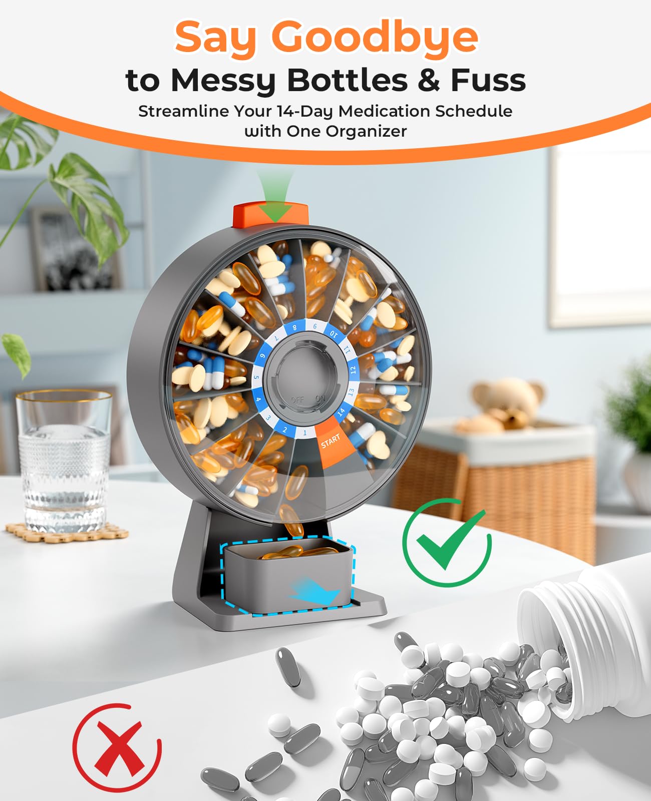 Daviky Pill Dispenser Daily, Large Pill Organizer with Wall-Mounted or Standing Use, 14 Days Pill Container, Push Button Design, Weekly Pill Box for Vitamin, Medicine,Supplement, Fish Oil(Gray)