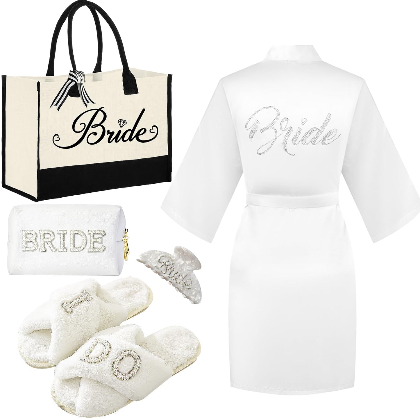 Tkifoda Bride to Be Gifts - Bridal Shower & Wedding Gifts: Bride Tote Bag, Makeup Bag, Robe, Slippers, Hair Clip, I Do Slippers, Wedding Robe, Cosmetic Bag