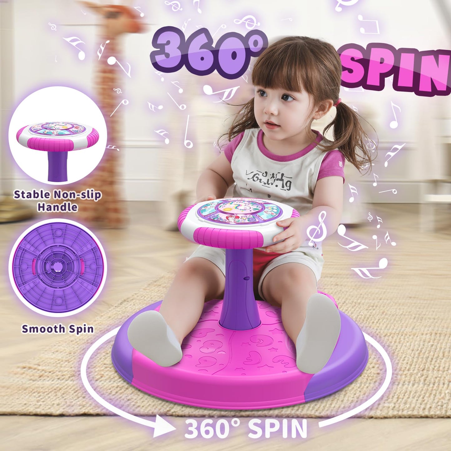 HYES Unicorn Sit and Spin Toys for Toddlers 1-3 Girls, 360° Toddler Spinning Seat with LED Lights and Music, Sensory Toys Birthday Gift for Kids 3-5