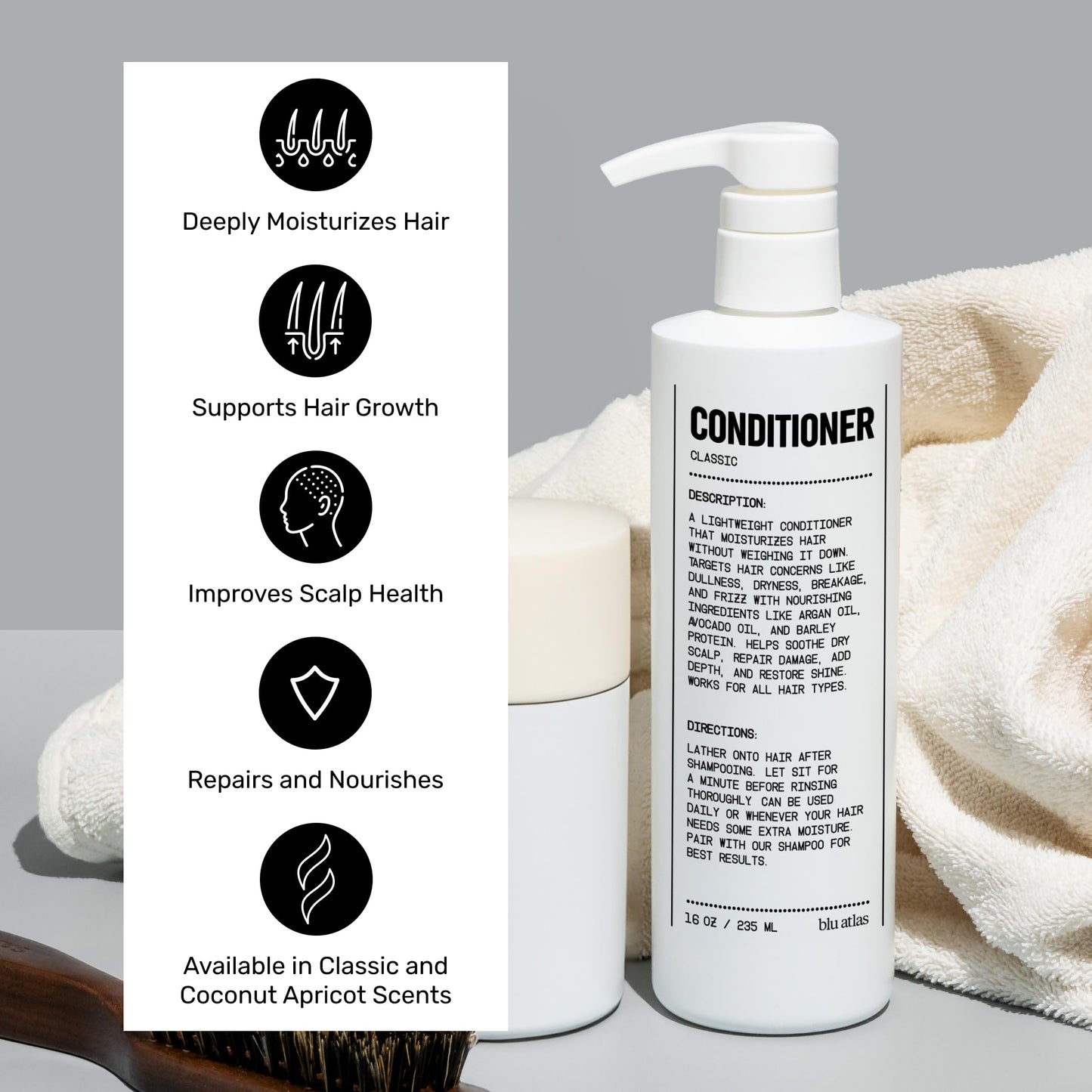 Blu Atlas Men's Natural Conditioner - For All Hair Types - Deep Moisturizing and Scalp Soothing, Vegan Sulfate and Paraben-Free- Classic Scent, 16 oz.