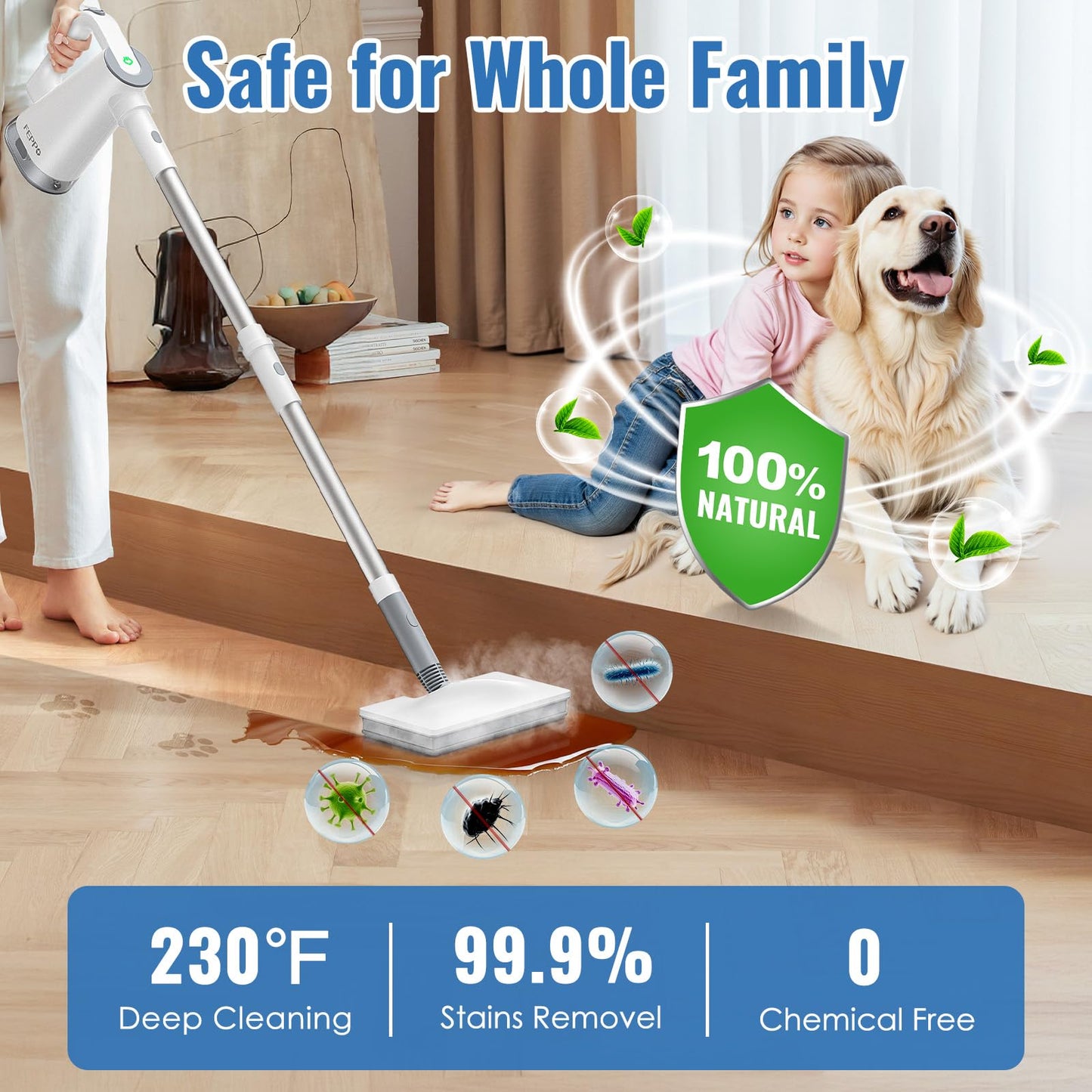 FEPPO Steam Mop & Detachable Handheld Steam Cleaner for Home and Floor Cleaning, 15s Heat-Up, 230°F Floor Steamer for Deep Cleaning with Multi-purpose Attachments Hardwood Floors, Tile,Grout,Furniture
