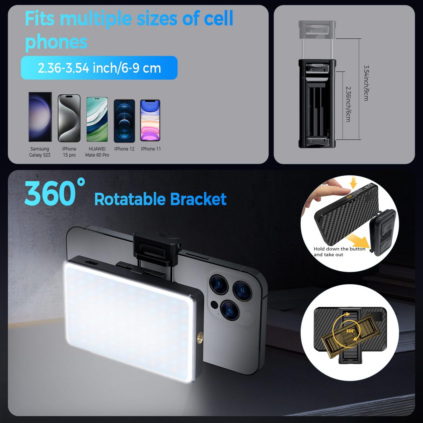 168 LED Portable Selfie Light for iPhone,Rechargeable iPhone Light Clip,3000mAh,9000K CRI95+ Alix Earle Lighting for Video Recording,TikTok,YouTube,for Phone, Camera, Laptop, iPad,