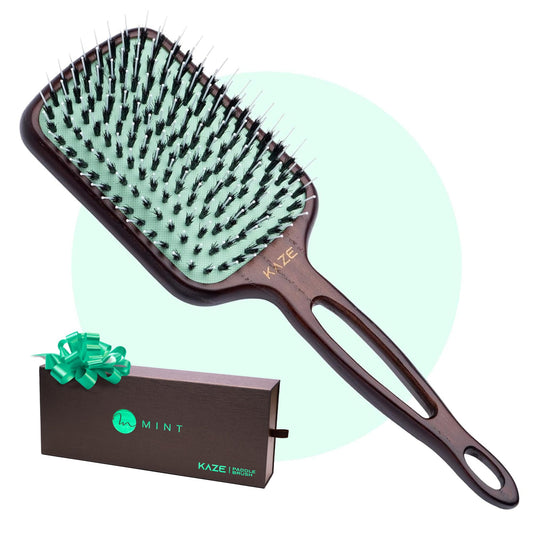 Eco-Friendly Boar Bristle Paddle Hair Brush for Women by MINT | Anti-Breakage Detangling Brush Great for Color-Treated Hair, Extensions and All Hair Types | Hand-Crafted Wooden Handle
