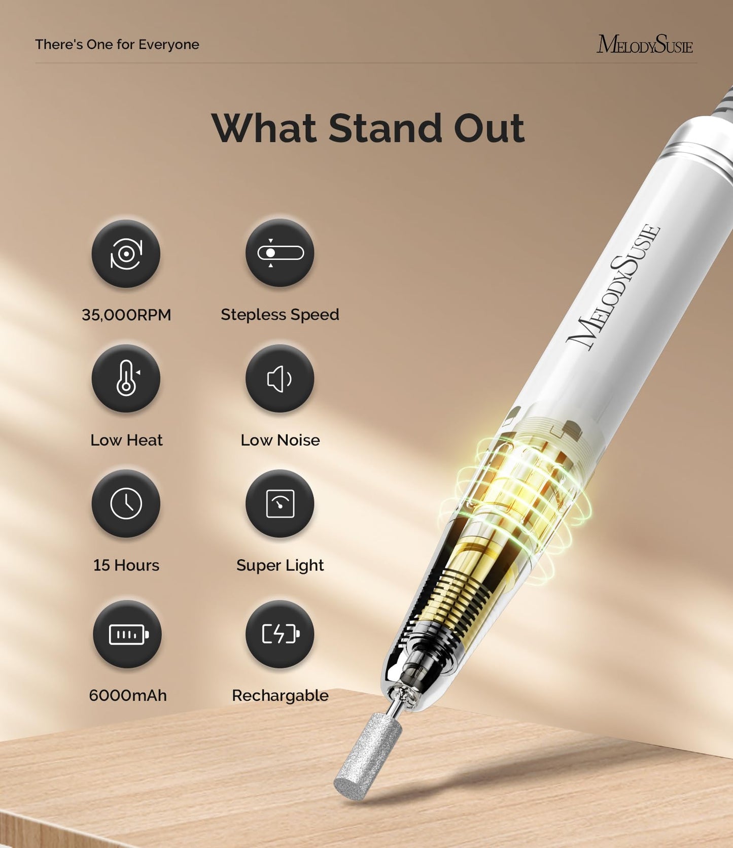 MelodySusie 35000RPM MM400C Nail Drill Professional, Rechargeable Cordless Nail Drill Machine Portable Efile for Acrylic Gel Nails Remove, 8Pcs Nail Drill Bits, Low Noise Low Heat, Sparkle Plus, White