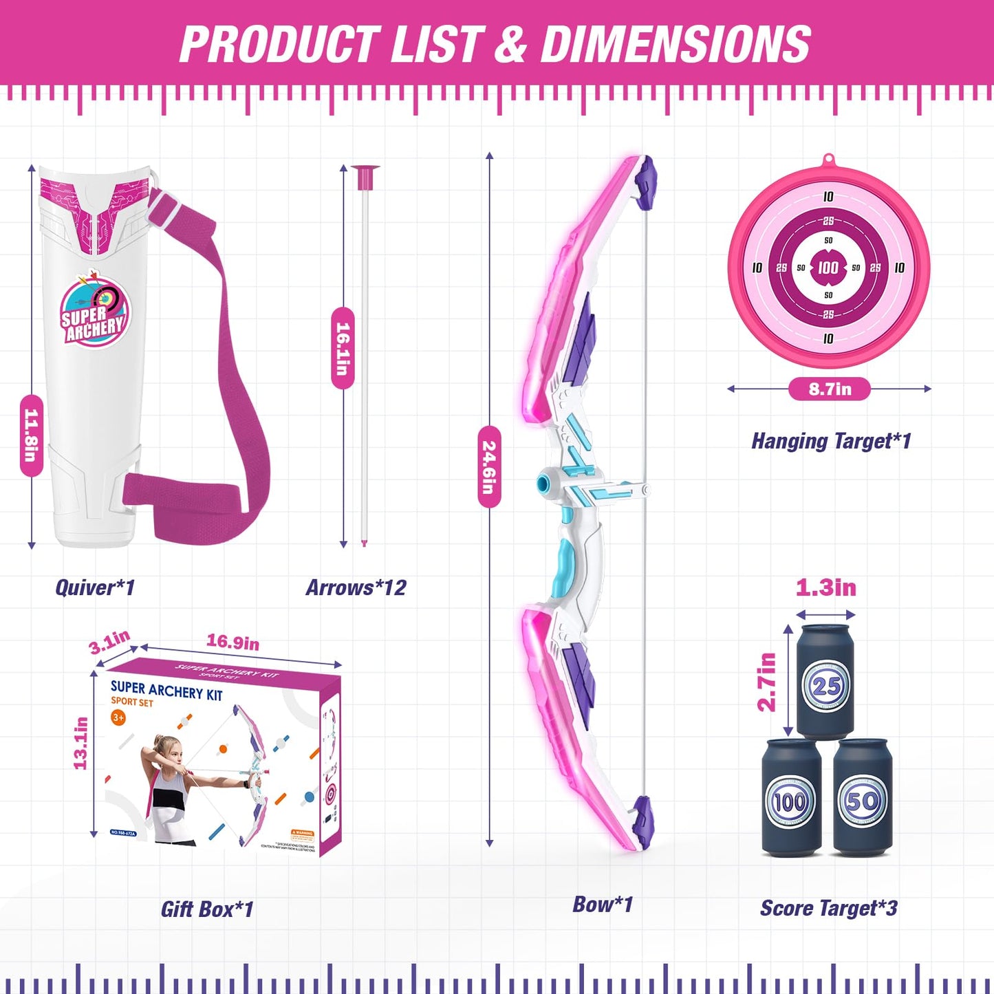 HYES Bow and Arrow for Kids, LED Light Up Archery Set with 12 Suction Cup Arrows, 3 Score Targets, 1 Hanging Target & Quiver, Indoor Outdoor Sport Toys Gifts for Girls Boys Ages 4-12, Purple