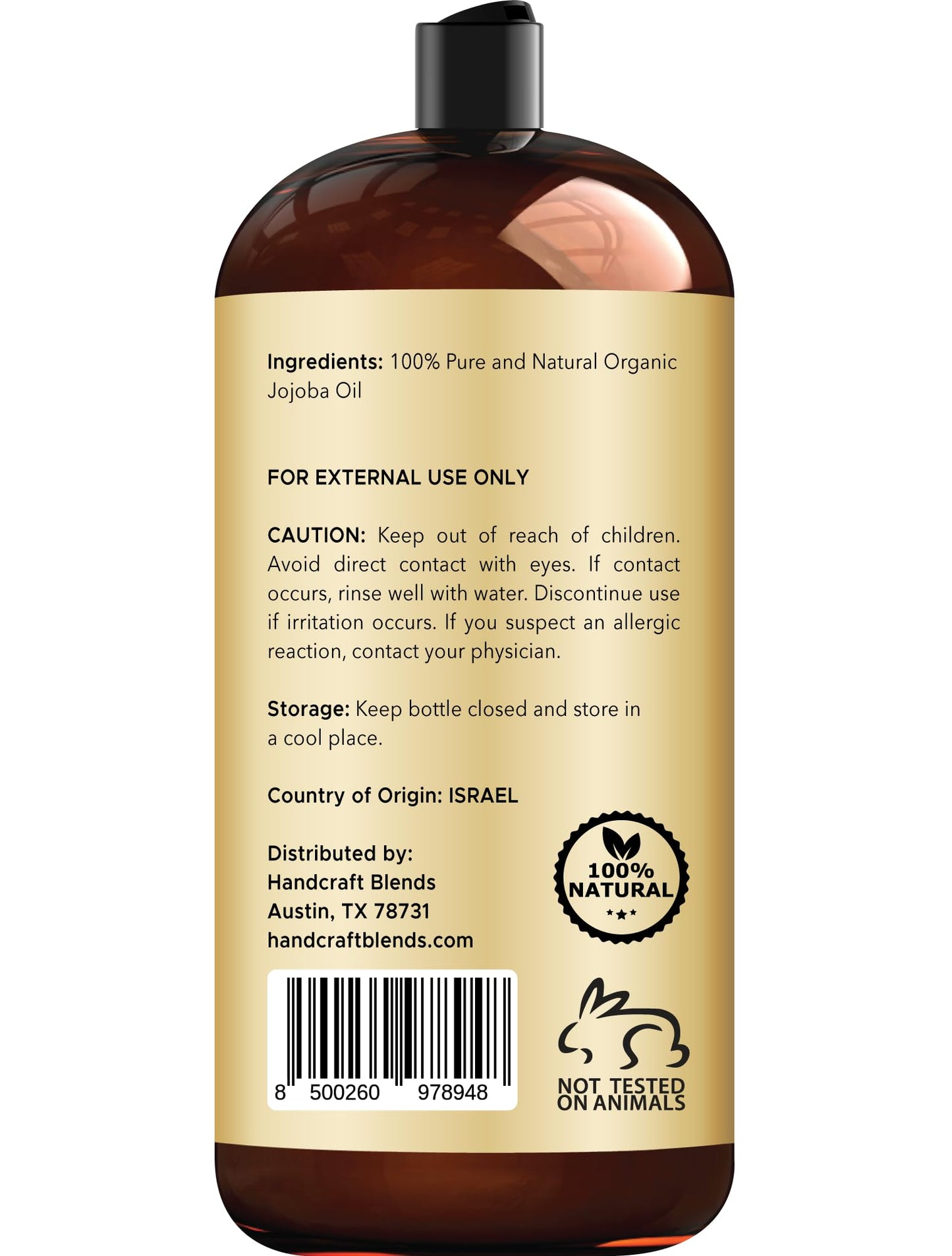 Handcraft Blends USDA Organic Jojoba Oil - Cold-Pressed 28 Fl Oz - 100% Pure and Natural - Premium Grade Carrier Oil for Skin and Hair - Hair and Body - Massage - Hexane-Free