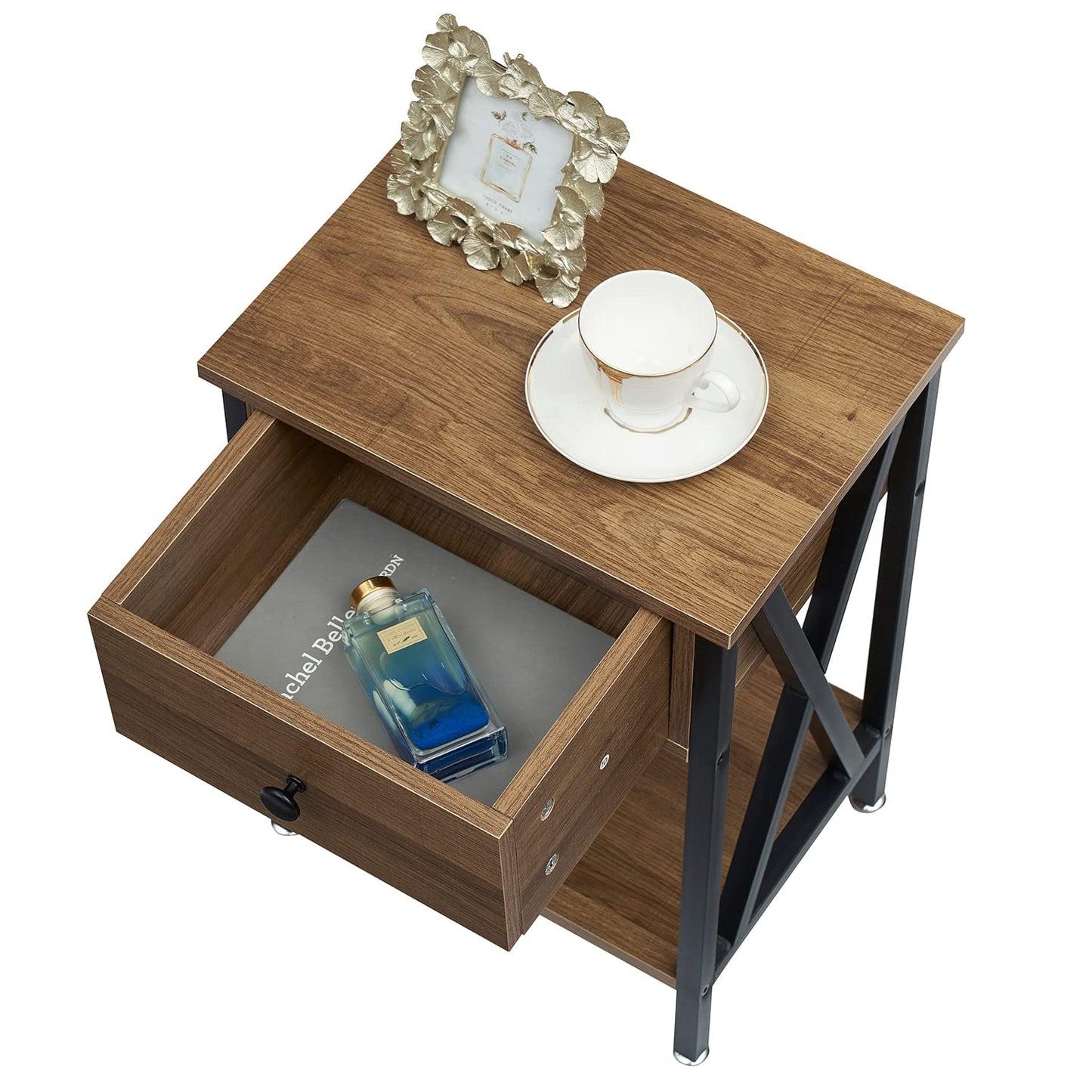 VECELO Nightstands Set of 2, Modern Bedside End Tables, Night Stands with Drawer and Storage Shelf for Living Room Bedroom, Industrial Metal Frame