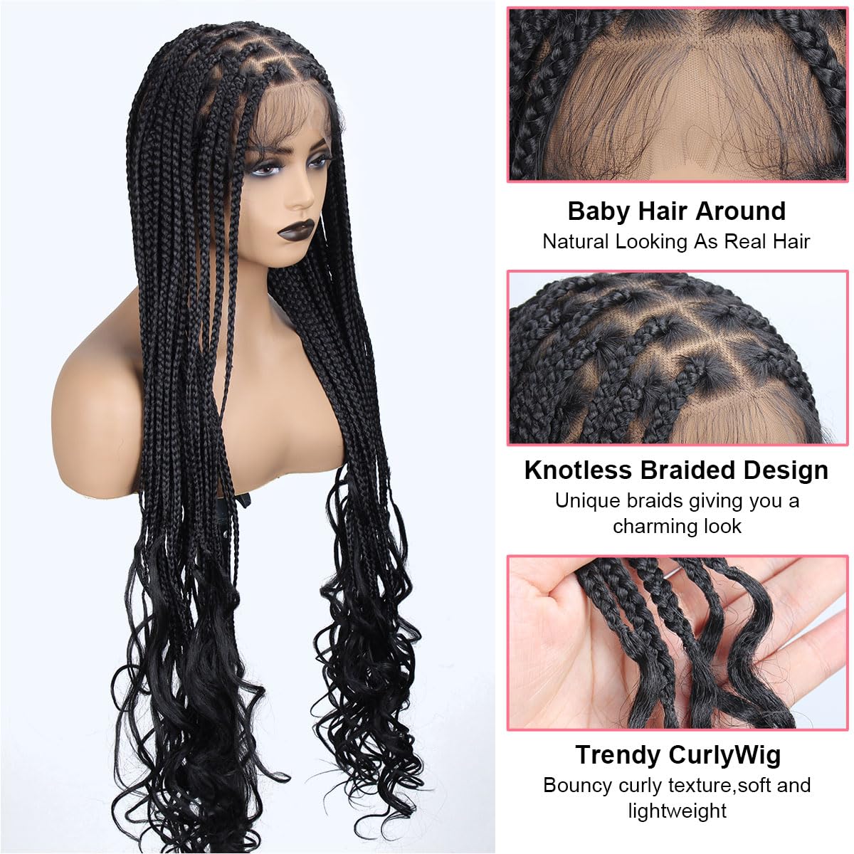 lounoke 36 Inch Braided Wigs With Curly Ends, 360 Single Full Lace French Curl Braided Wigs for Black Women Knotless Box Braid Wig with Baby's Hair