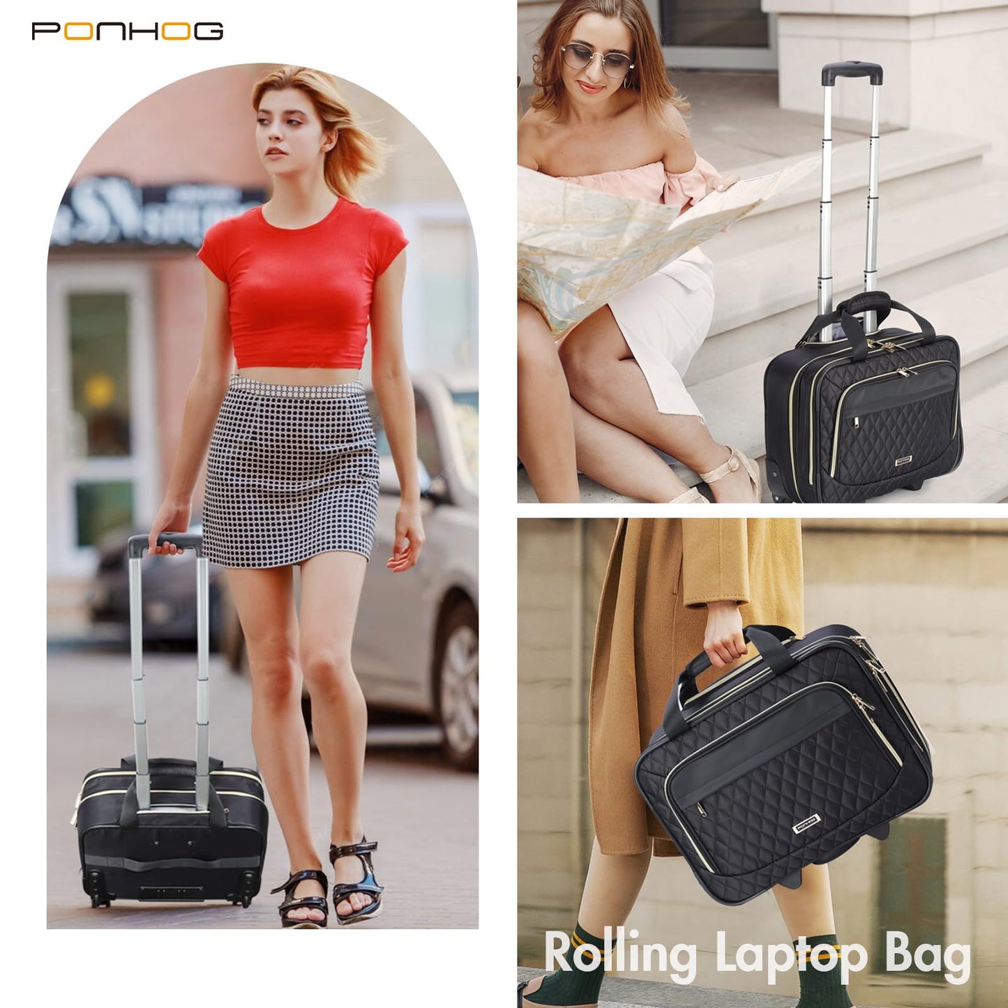 Ponhog Rolling Laptop Bag, 15.6 Inch Rolling Briefcase for Women with Wheels, Carry On Flight Approved Roller Computer Case for Travel Work College Business Wife Mom Teacher, Black