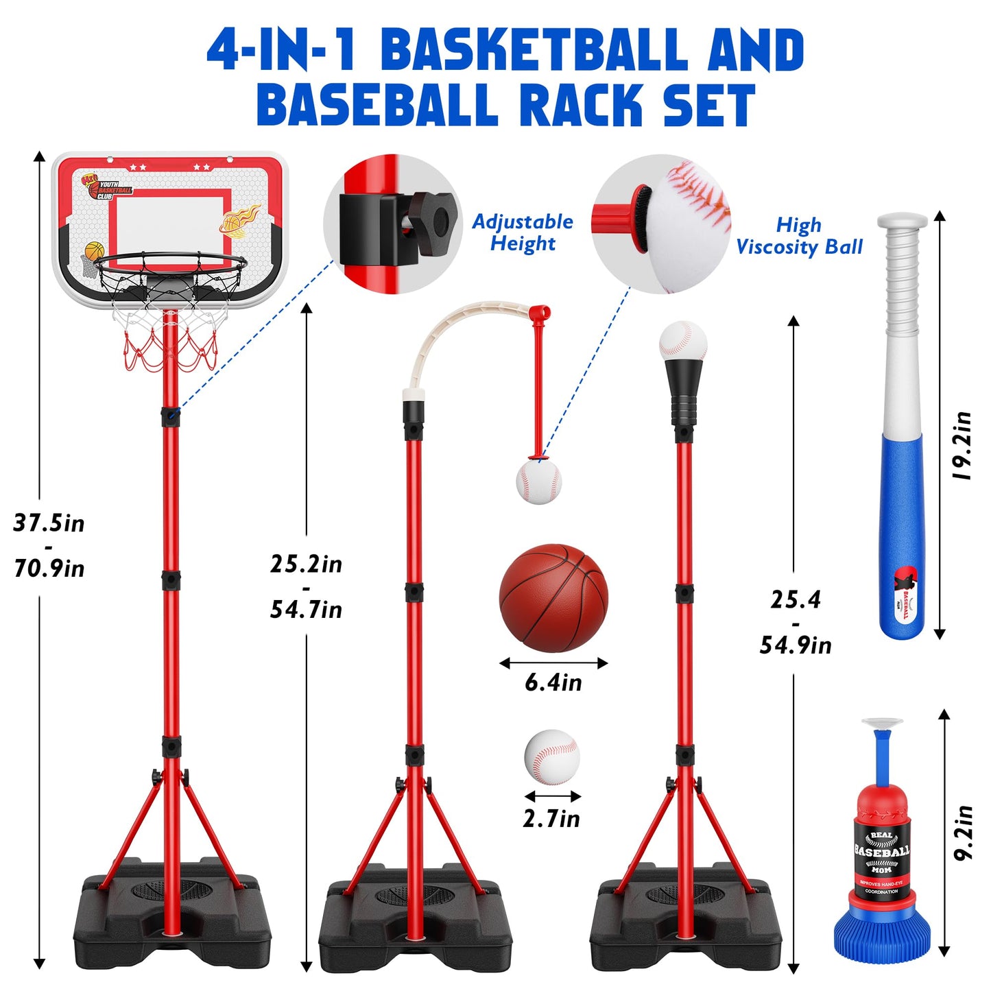 Kids Basketball Hoop Set 4 in 1 and T-Ball Adjustable T-Ball Stand with Automatic Throwing Machine Sports Toys Indoor Outdoor Gifts
