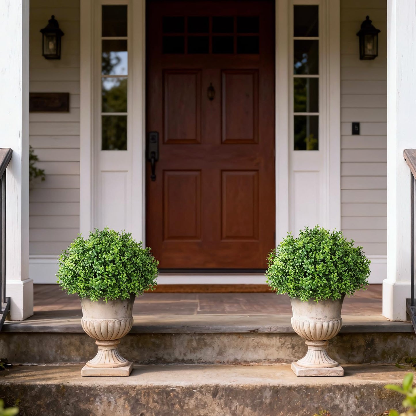 Set of 2 Artificial Boxwood Topiary Ball Trees - UV Resistant Faux Boxwood Potted Plants, Spring Summer Greenery Fake Bushes for Front Door Farmhouse Garden Porch Outdoor Decor