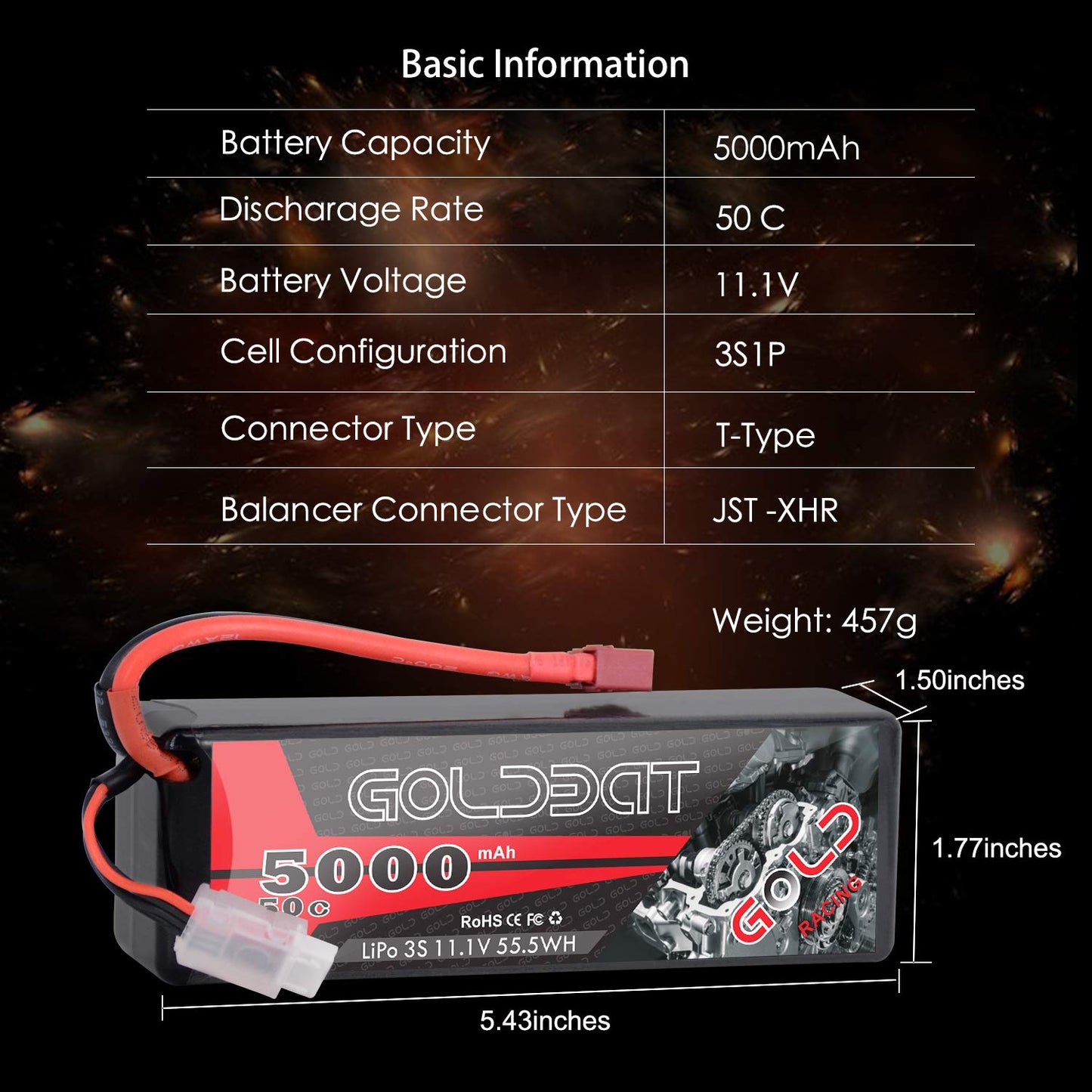 GOLDBAT 11.1V 5000mAh 3S 50C Lipo RC Battery Pack Hard Case with Deans T Connector for E-maxx Axial RC Car Truck Buggy Truggy Hobby (2 Pack)