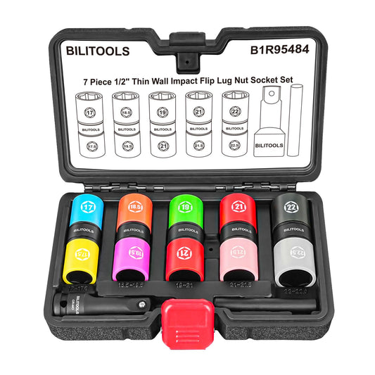 BILITOOLS Half Sizes Lug Nut Socket Set, 1/2" Thin Wall Impact Flip Sockets for Wheel lug Nuts with Non-Marring Sleeves, 17/17.5, 18.5/19.5, 19/21, 21/21.5, 22/22.5mm, Knockout Bar & Extension