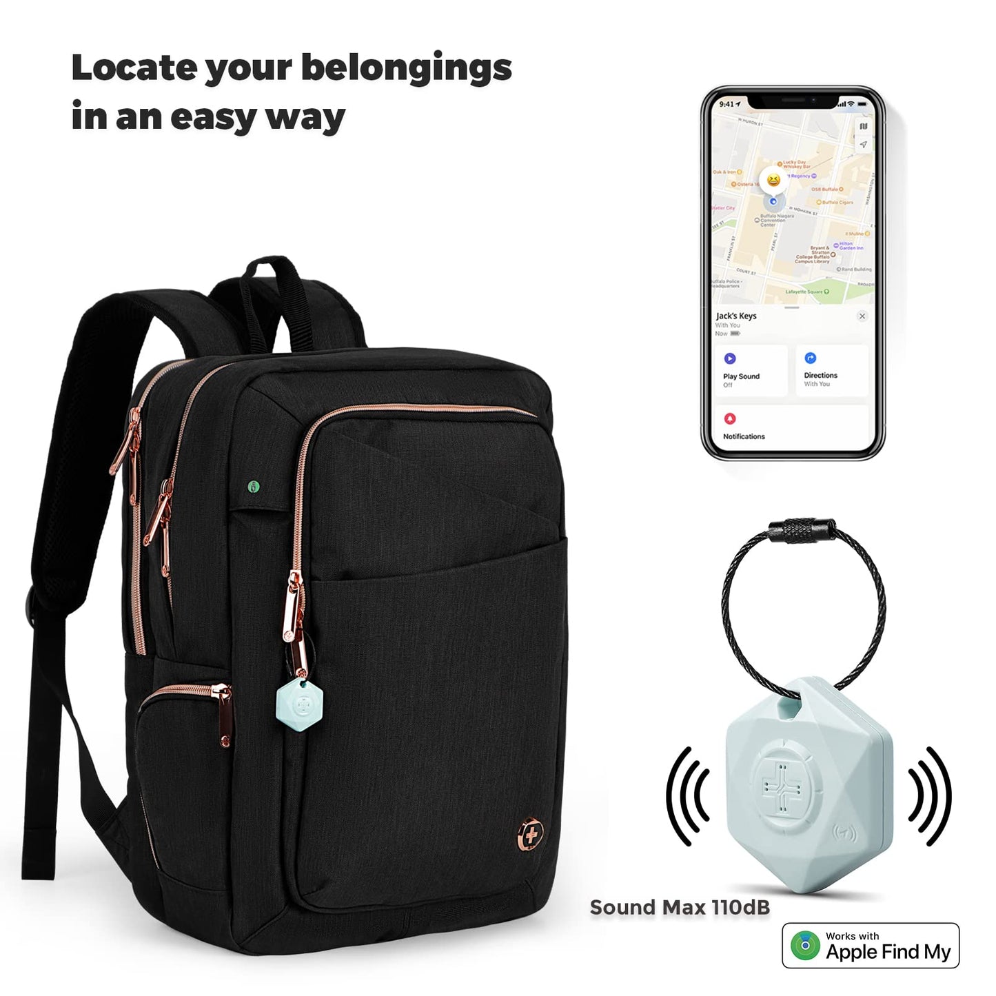 Swissdigital Design Katy Rose Backpack For Women Black with Rose Gold-Tone Zippers College Travel Laptop Backpack With Apple Find My network (KATY ROSE SD1006FB0-01) One Nation One World