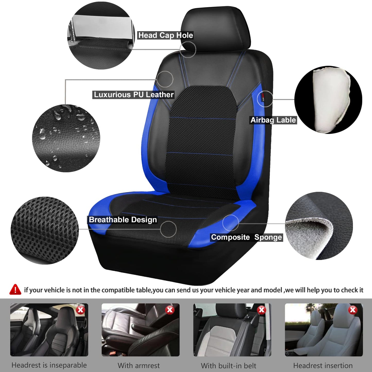 CAR PASS Air Mesh Leather Car Seat Covers Full Set, Waterproof Car Floor Mats, Sporty Steering Wheel Cover 14.5-15in, Universal Fits for 95% Cars Truck SUV (Black and Blue)