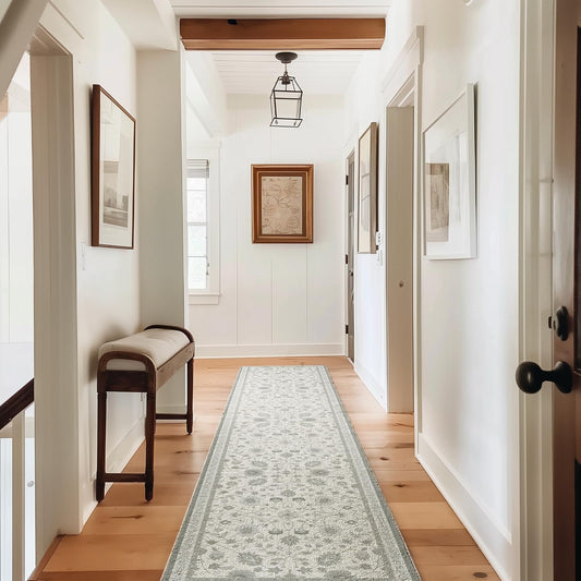 EVERGRACE Hallyway Area Runner Rugs 2x10, Boho Floral Faux Wool Indoor Outdoor Rugs, Washable Rugs for Bedroom Dining Room Living Room Kitchen, Low Pile Floor Mat Carpet for Home Decor, Cool Gray