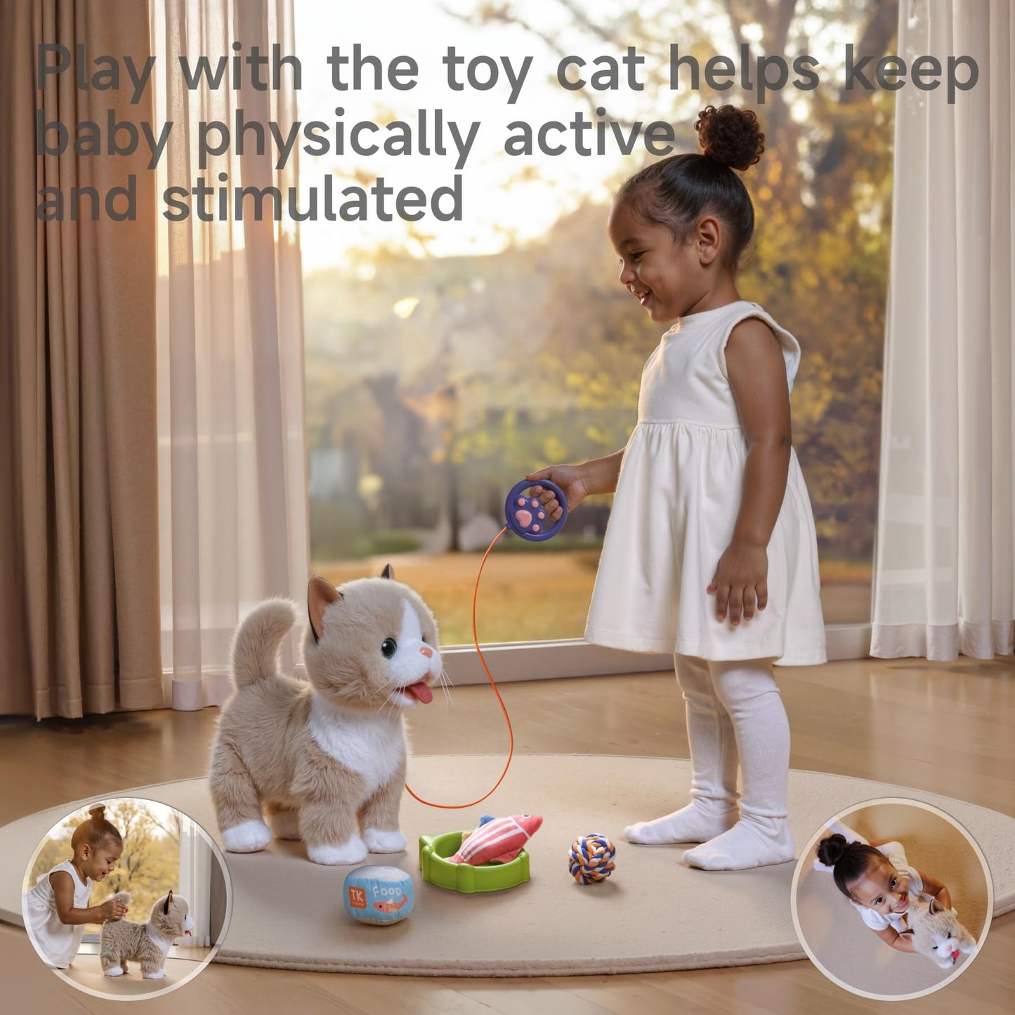 TUMAMA Walking Cat Set, Interactive Electronic Cats Plush Toy with Leash, Wag Tail, Sing, Meows, Pretend Dress Up Realistic Stuffed Cat Age 3 4 5+ Years Old Gift