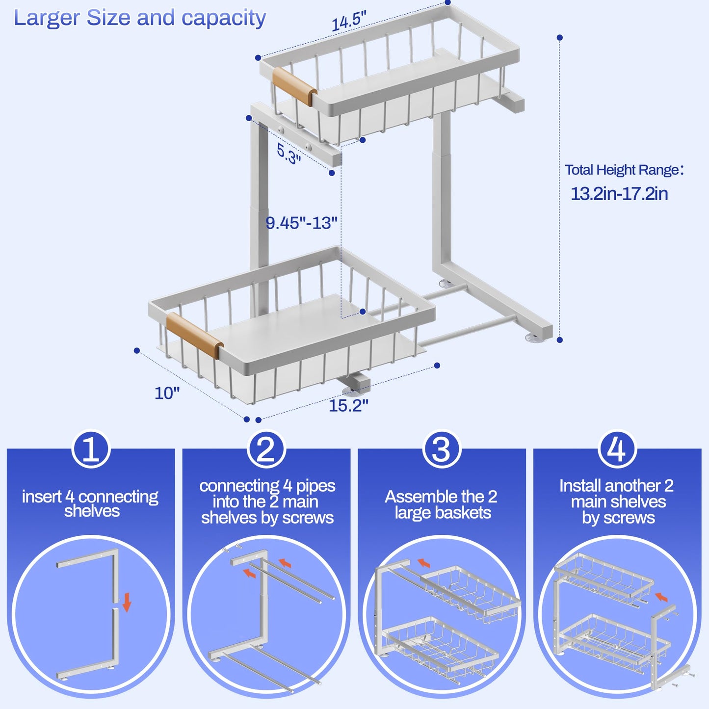 ADBIU 2 Pack Under Sink Organizers and Storage, Height Adjustable 2-Tier Pull Out Cabinet Organizer, Heavy Duty Slide Out Sink Shelf Drawer for Kitchen Bathroom Organization