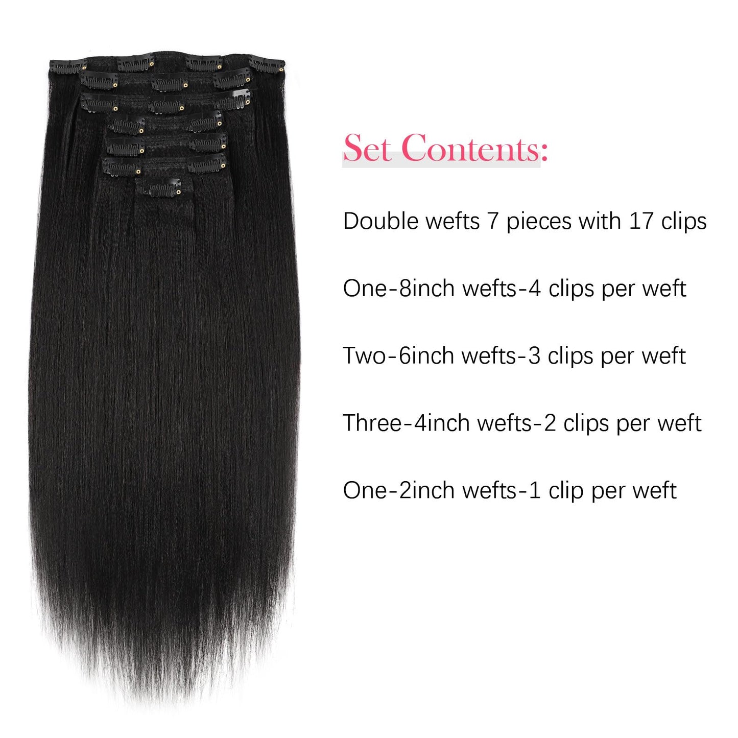 Sassina Real Remy Thick Yaki Straight Clip in Virgin Human Hair Extension Natural Black Double Wefts for African American Black Women 7 Pieces 120g with 17 Clips, YS 18 Inch