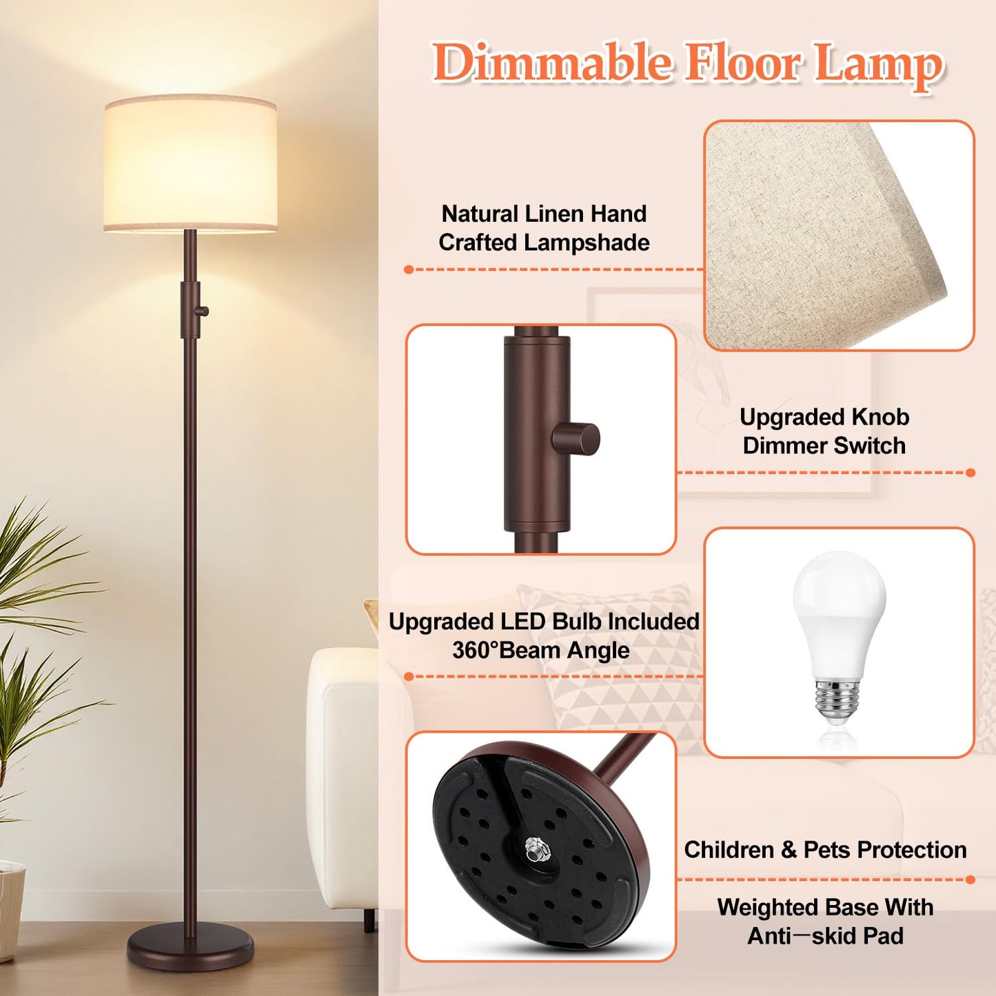 Yemela 【Upgraded】 Dimmable Floor Lamp, Modern Floor Lamps for Living Room, Standing Lamp with Linen Shade, Tall Lamp for Bedroom Office Dining Room- Brown
