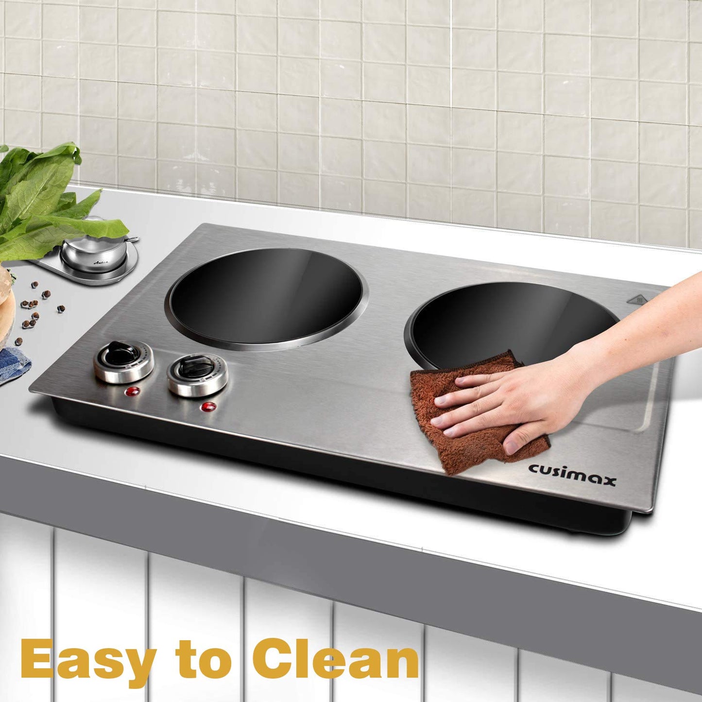 Double Burner, CUSIMAX 1800W Ceramic Electric Hot Plate for Cooking, Dual Control Infrared Cooktop, Portable Countertop Burner, Glass Plate Electric Cooktop, Silver, Stainless Steel-Upgraded Version