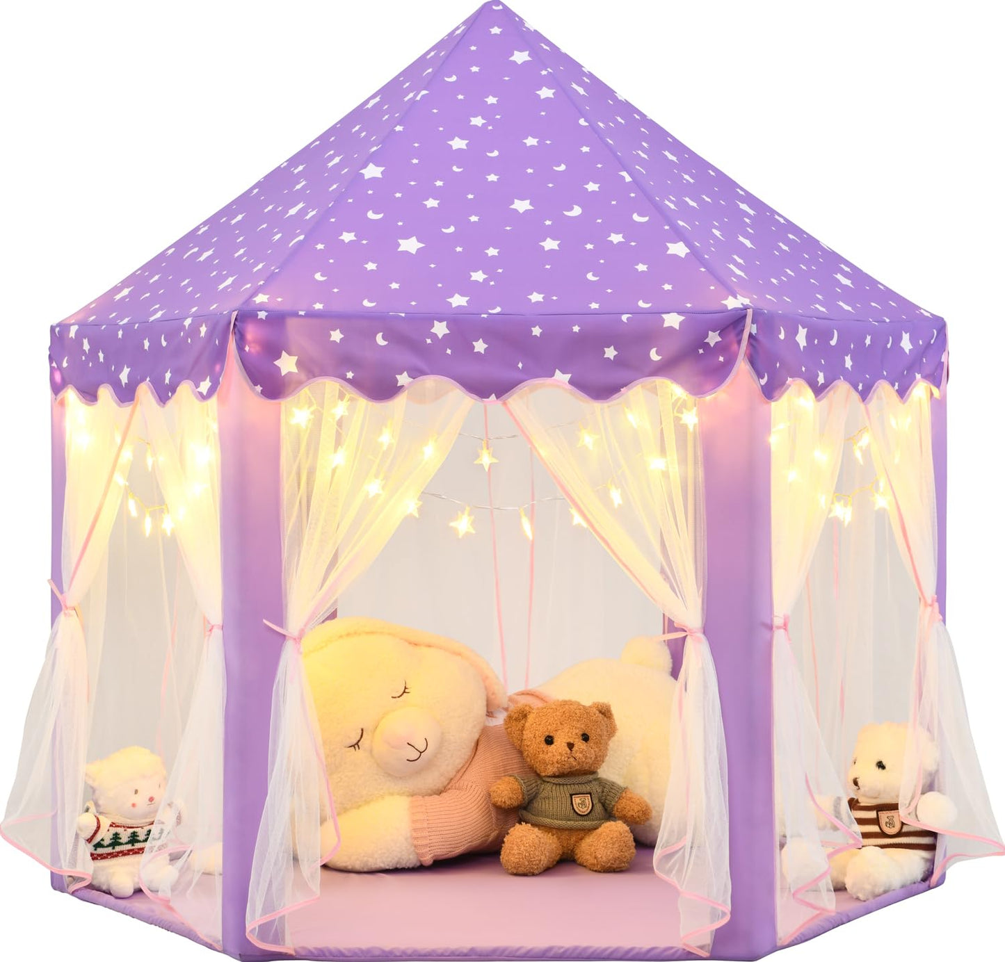 KIXINWA Purple Princess Tent for Girls, Kids Play Tent with LED Small Star Lights, Castle Playhouse Tent for Children Toddlers Indoor Outdoor Games, 55×53 Inches