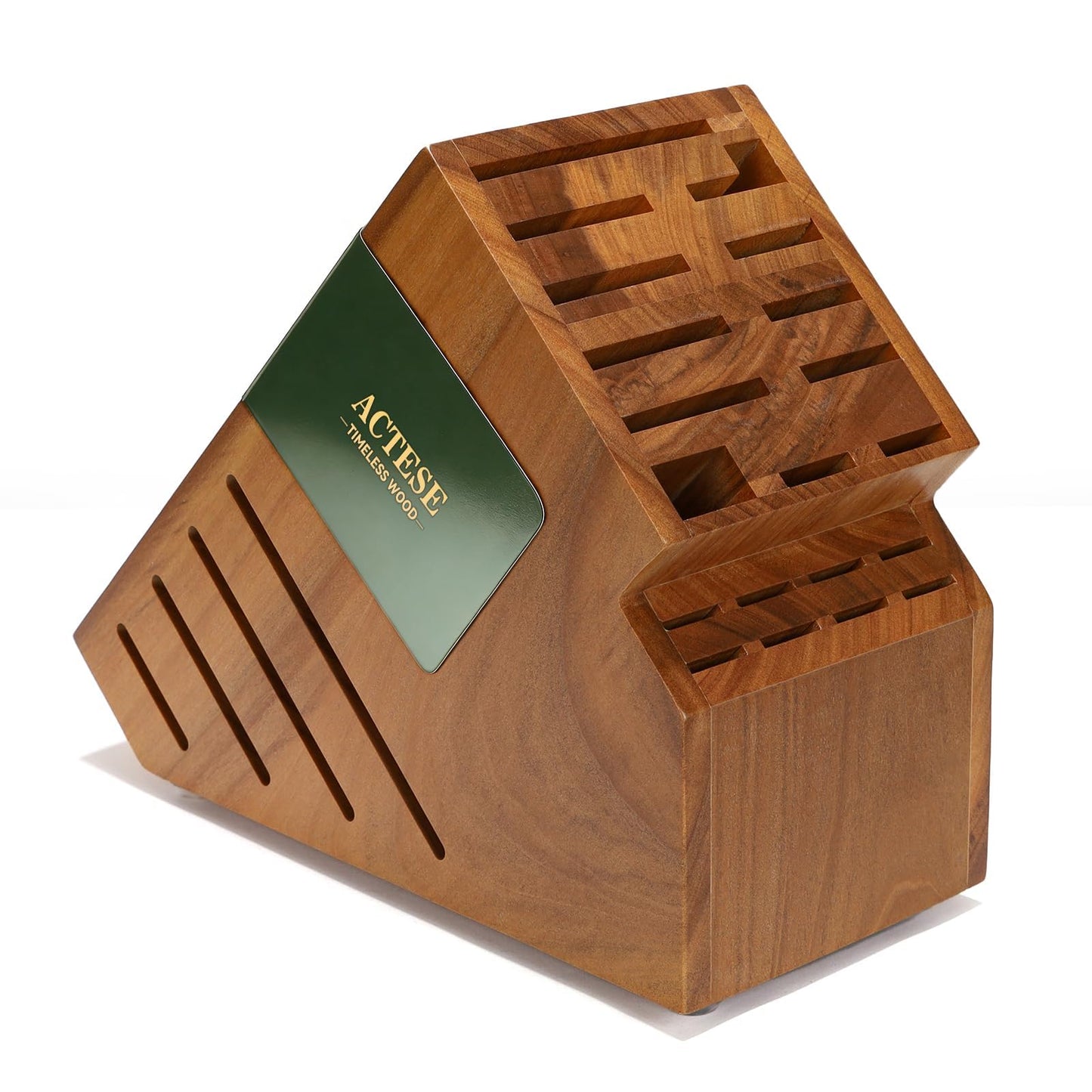 Teak Wood Knife Block Holder without Knives, 20 Slot Large Universal Wooden Knife Block Organizer with Wide Slots and Secure Stand, Countertop Butcher Block for Kitchen Storage