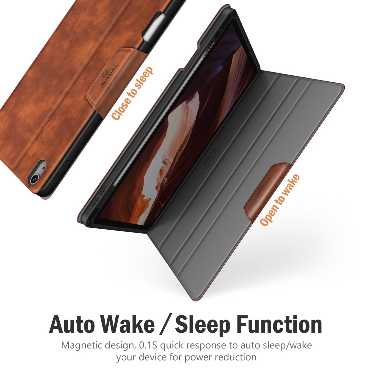 Antbox Case for iPad Air 11-inch M3 (2025) / M2 (2024), iPad Air 5th/4th Generation 10.9'' Vegan Leather with Pencil Holder Typing Angle Auto Sleep/Wake Muti-Stand (Brown)