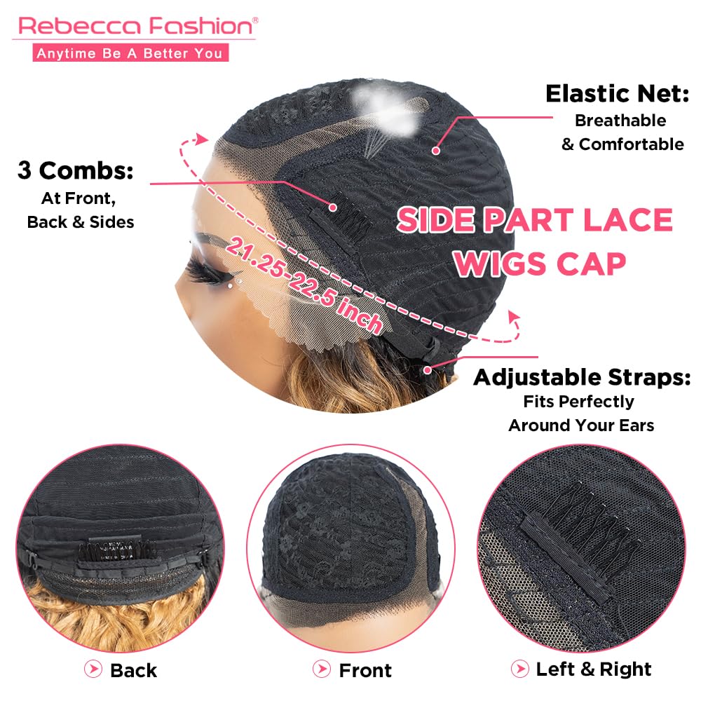 Rebecca Fashion Water Wave Bob Lace Front Wigs Human Hair 13x5.5x0.5 Large C Part Side Lace Front Wigs for Women 100% Brazilian Virgin Human Hair (12inch, Ombre Natural Color to Honey Blonde Color)