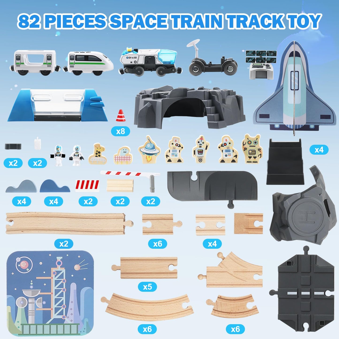JugueteLand 82 Pcs Wooden Train Set for Toddlers, Magnetic Train with Track for Kids Ages 3-6, Compatiable with Major Brands, Space Railway Playset Gifts for Boys and Girls Ages 3+