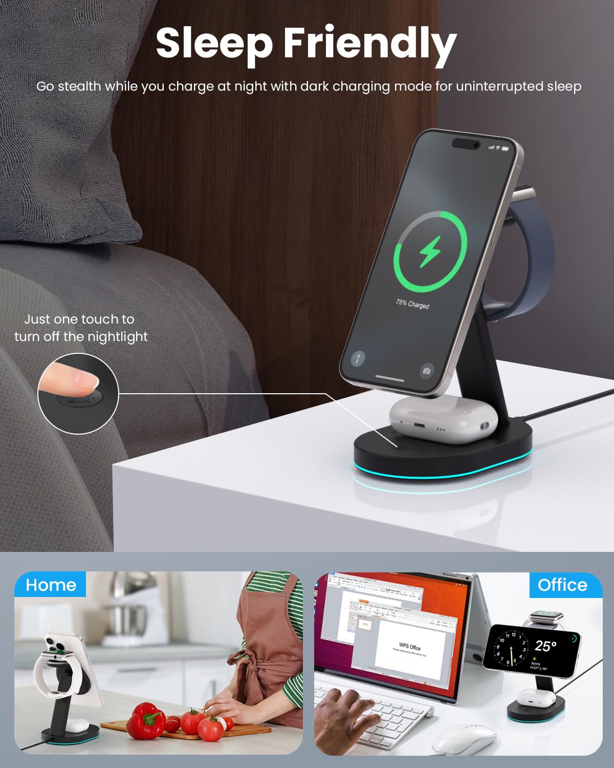 4 in 1 Wireless Charger Charging Station for iPhone,Qi2 Certified 15W Magnetic Charging Stand for Mag-Safe with 30W USB C Adapter&Friendly Night Light for iPhone 16/15/14/13/12,Apple Watch,AirPods