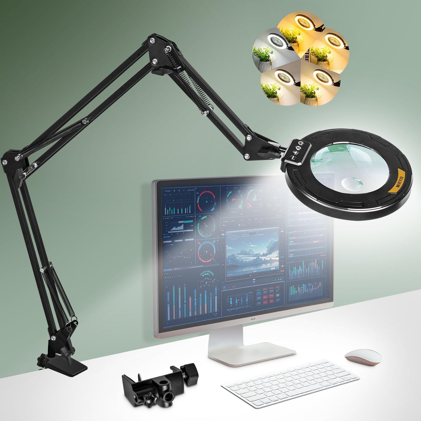 Ultra Long 3-Section Swing Arm 12X 30X Magnifying Glass with Light and Stand, 4-Way Metal Clamp Lighted Magnifier Lamp, 5 Color Modes LED Magnifying Lamp for Workbench Hobby（12X/30X 35.2in Clamp ）