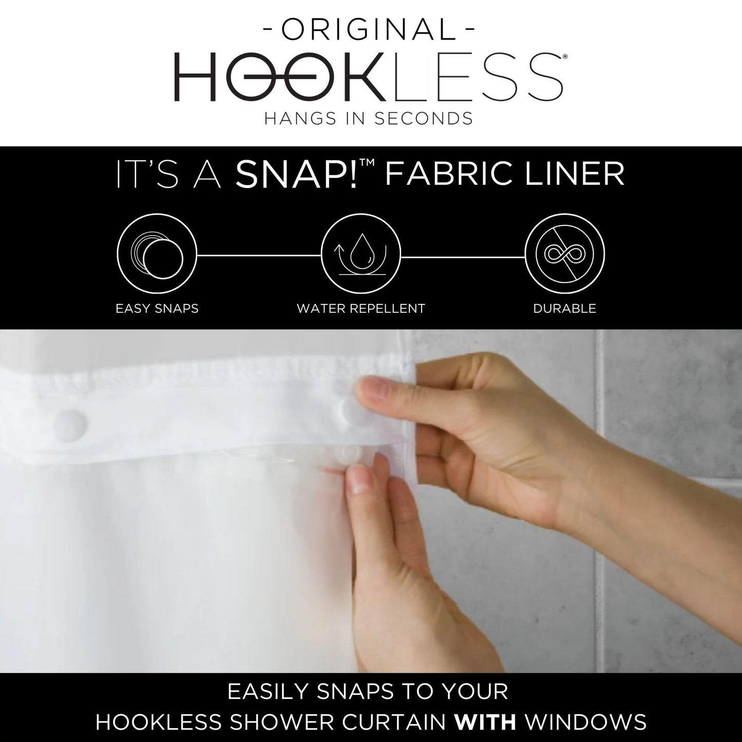 Hookless It's A Snap! Escape 3-in-1 Shower Curtain With Sheer Top Window, Flex-On Rings & Fabric Liner, 71" x 74", White