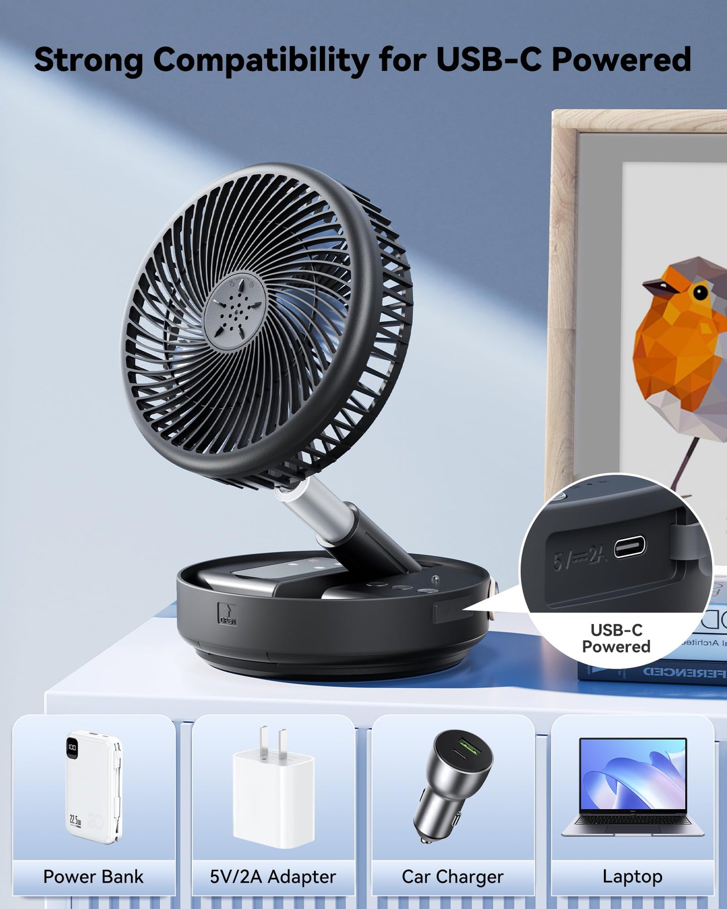 Primelove Portable Oscillating Travel Fan, 10400mAh Battery Operated Rechargeable USB Floor Table Desk Fan with Remote, 4 Speed Settings Pedestal Fan for Home Bedroom Office Camping, Black 8"