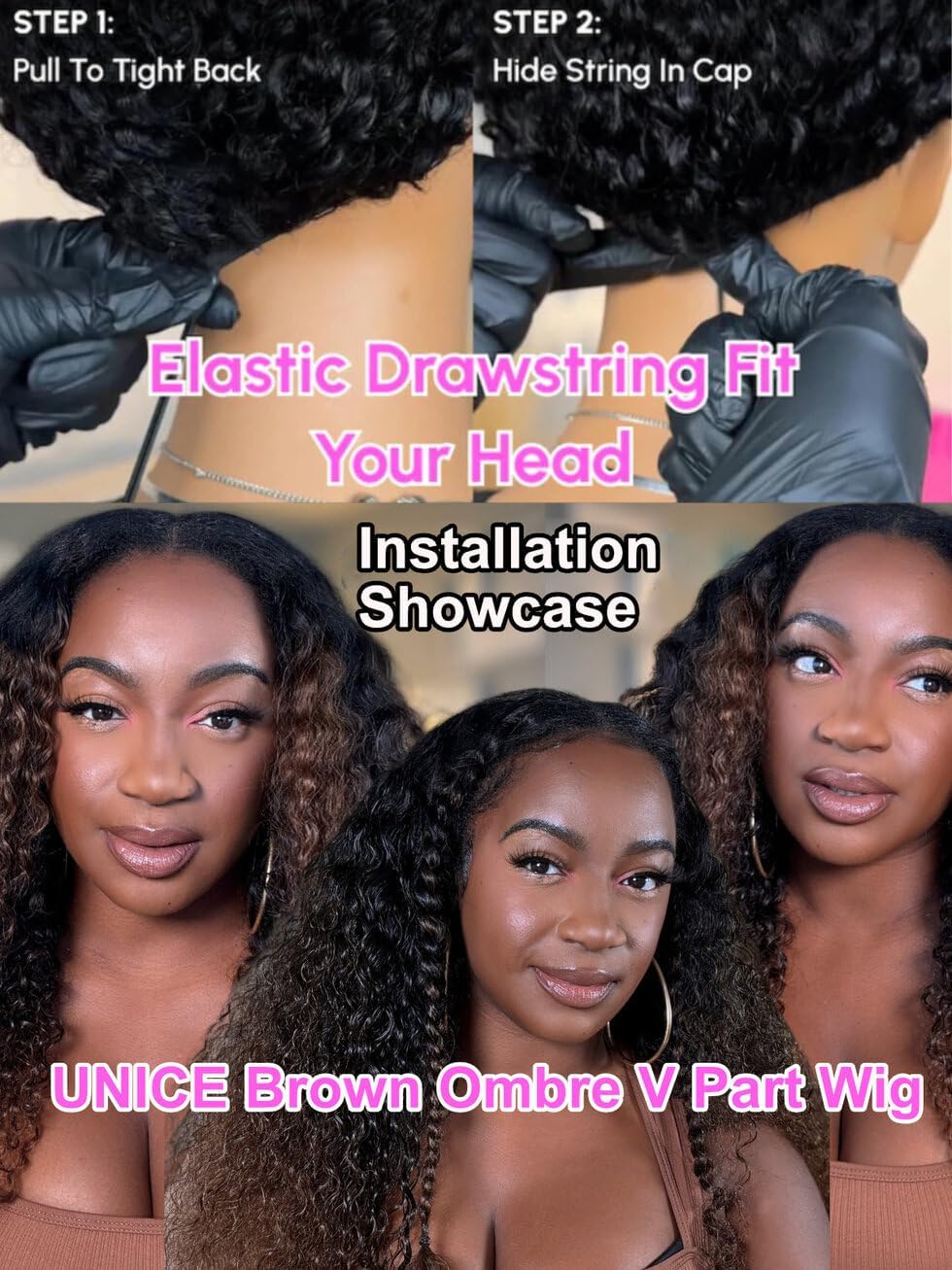 UNICE EasiContour V Part Wigs Human Hair Jerry Curly Ombre Chestnut Brown Glueless Wigs Human Hair Clip in Vpart Wig Minimal Leave Out Upgrade U Part Human Hair Wig Beginner Friendly 14 inch