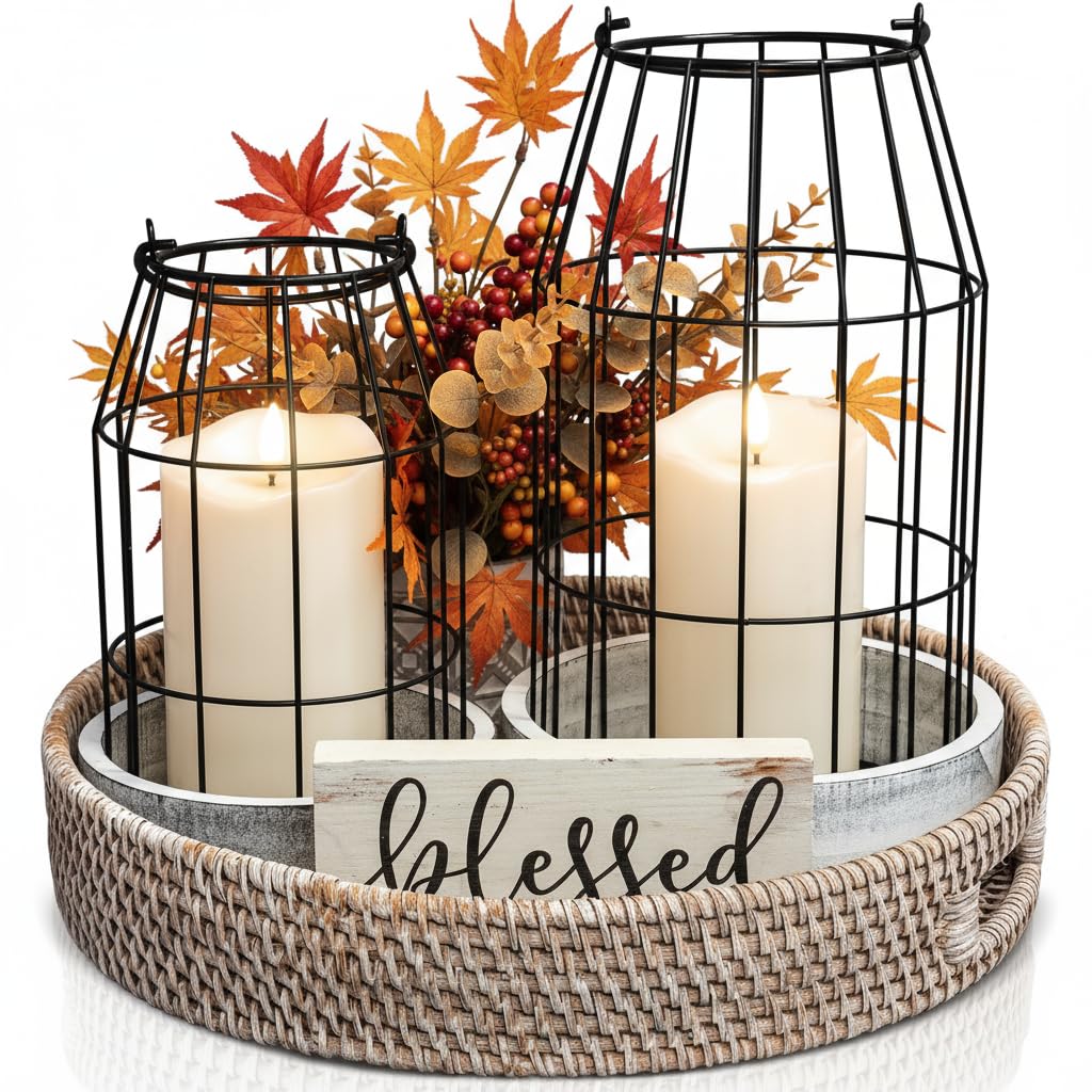 Rustic Farmhouse Lantern Decor Set of 2 - Stylish Decorative Lanterns for Your Living Room, Fireplace Mantle or Kitchen Dining Table - Modern Upscale Beauty for Your Entire Home