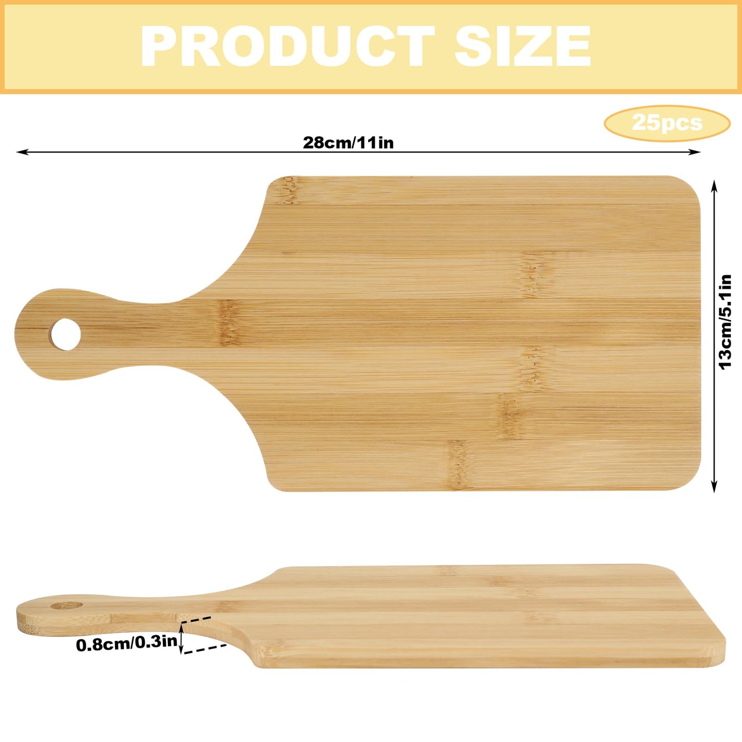 25 PCS Bulk Cutting Boards Mini Charcuterie Boards Bulk Wood Chopping Board Laser Engraving Serving Board with Handle Charcuterie Boards for Pizza, Bread, Cheese, Charcuterie, Fruit 11" x 5" Bamboo