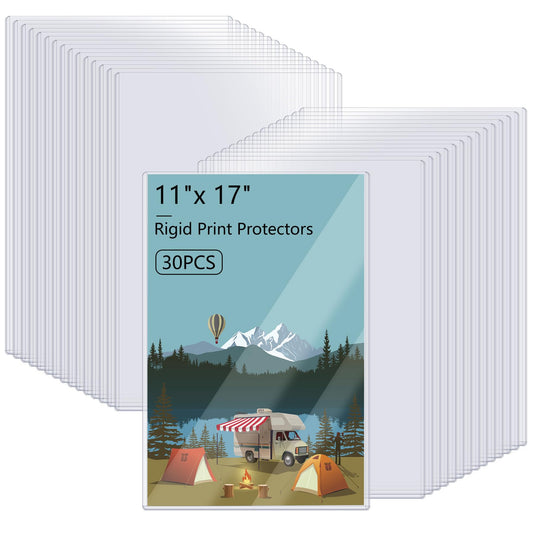 AKONEGE 30PCS 11" x 17" Rigid Print Protectors Hard Plastic Page Sheet Protectors Clear Rigid Magazine Protectors Top Loading Frames Menu Holder Photo Plastic Sleeves for Paper Poster Art Prints